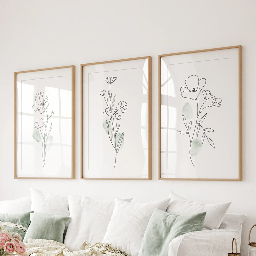 Modern Botanical Line Art Decor. 3 Piece Floral Print Set