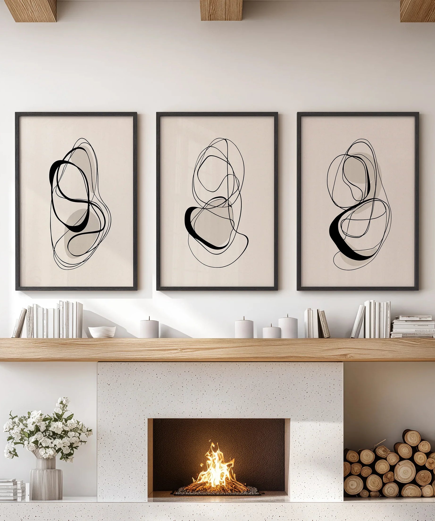 Black and Beige Abstract Set of 3 Wall Art. Minimalist Lines