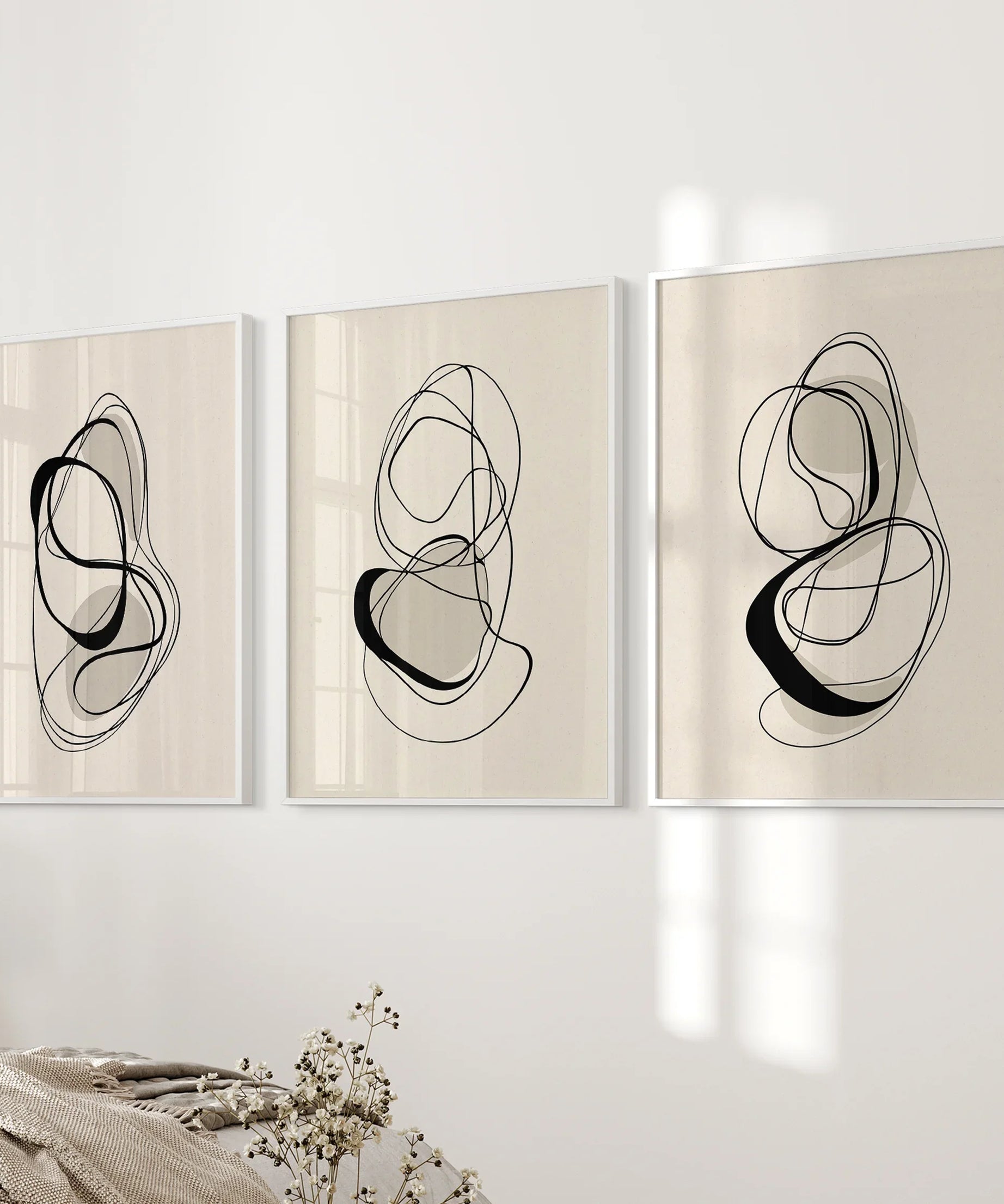 Black and Beige Abstract Set of 3 Wall Art. Minimalist Lines
