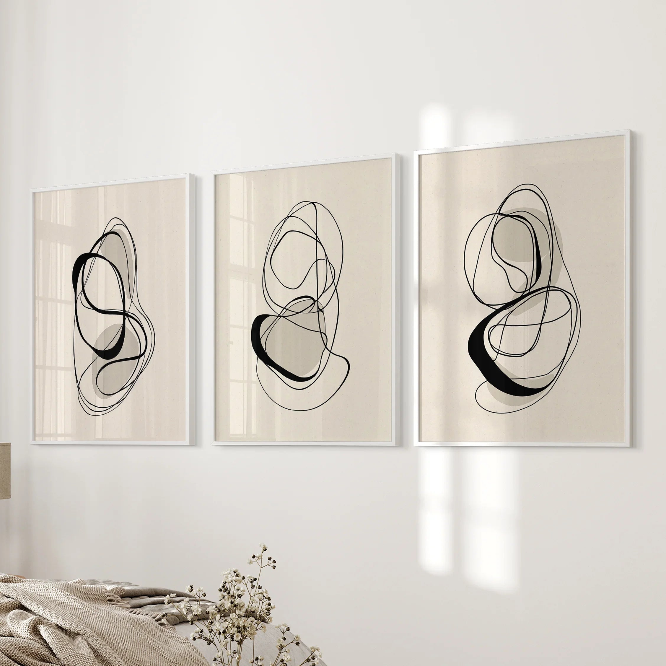 Black and Beige Abstract Set of 3 Wall Art. Minimalist Lines