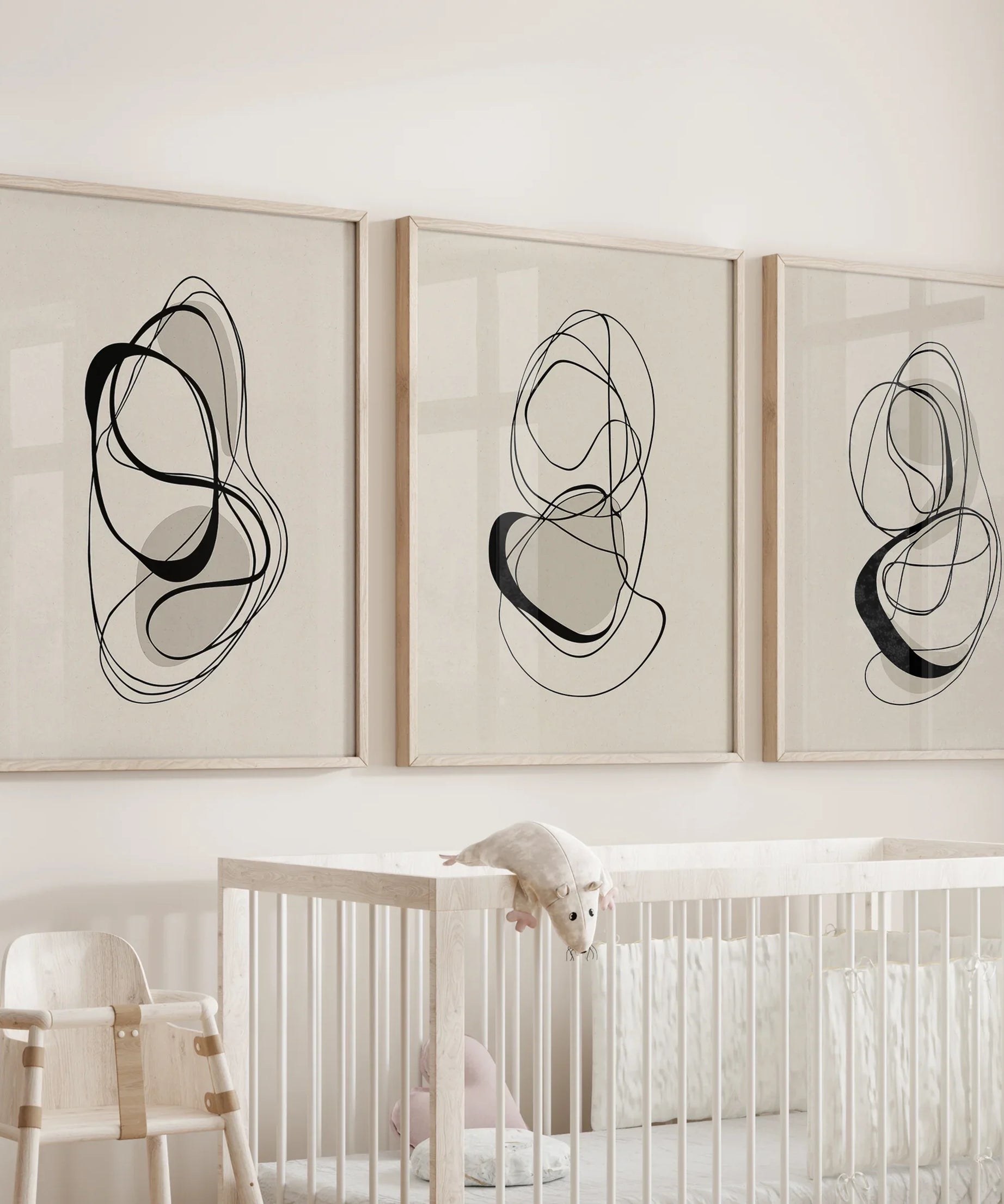Black and Beige Abstract Set of 3 Wall Art. Minimalist Lines