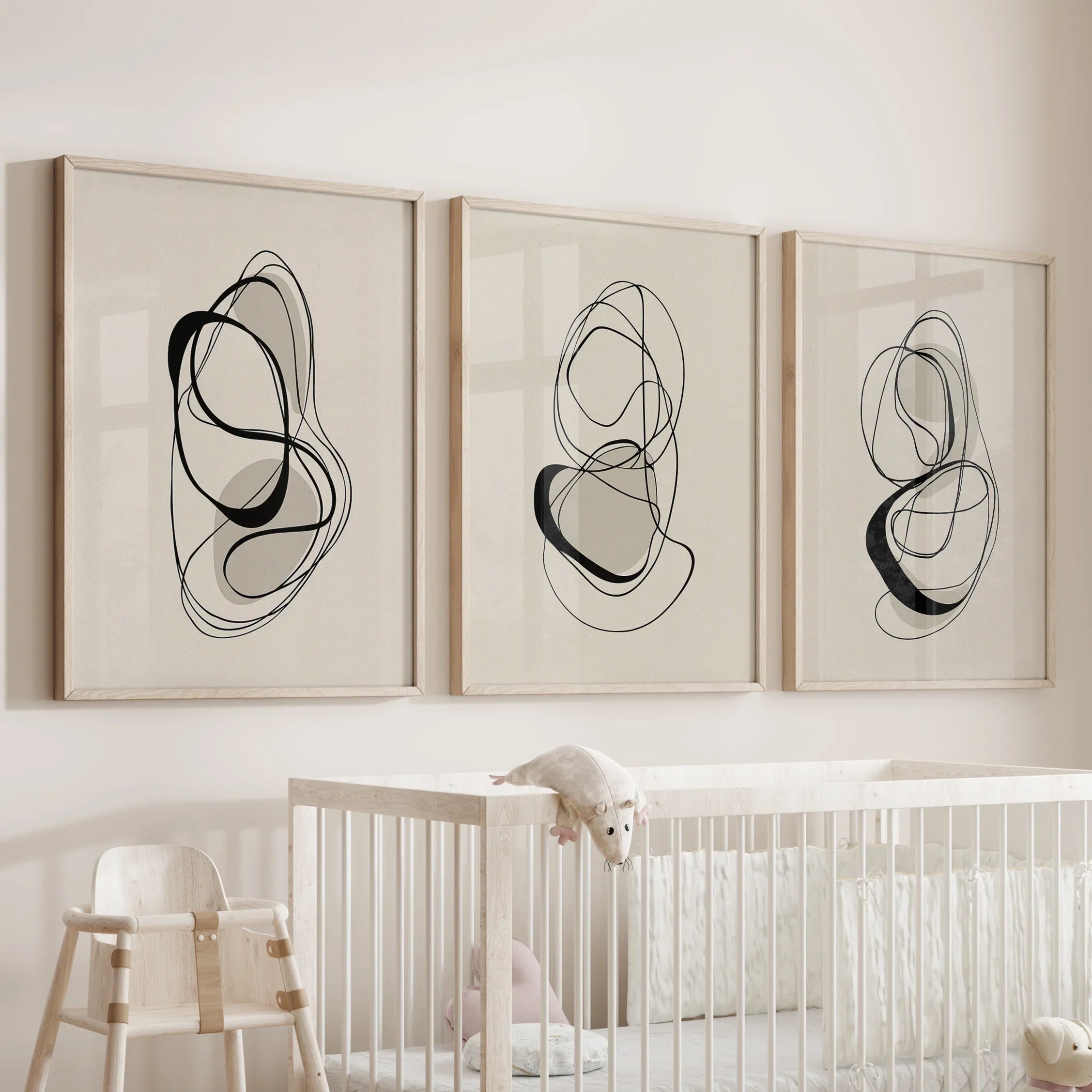 Black and Beige Abstract Set of 3 Wall Art. Minimalist Lines