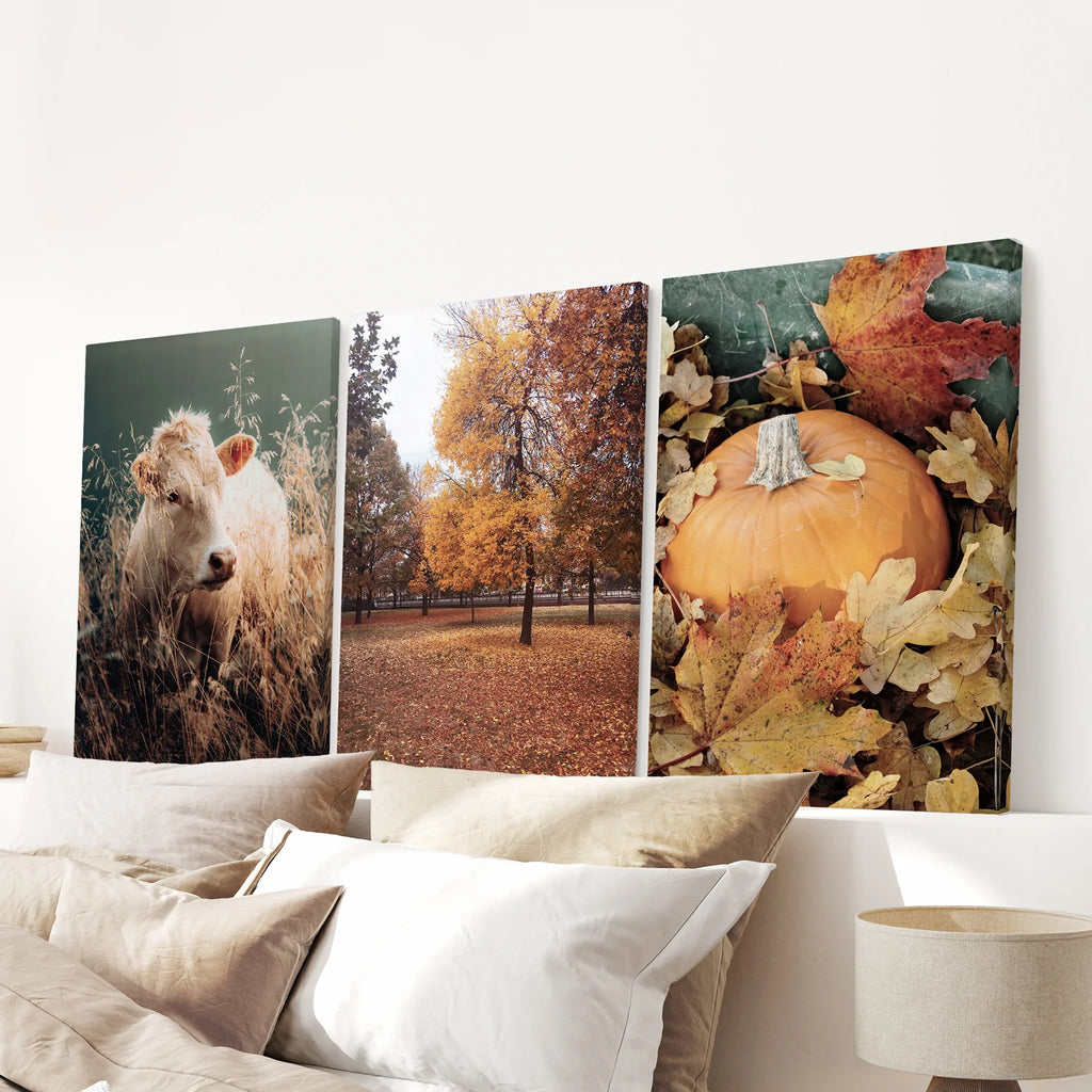 Autumn Farmhouse Prints. Cow, Fall Trees, Pumpkin Decor