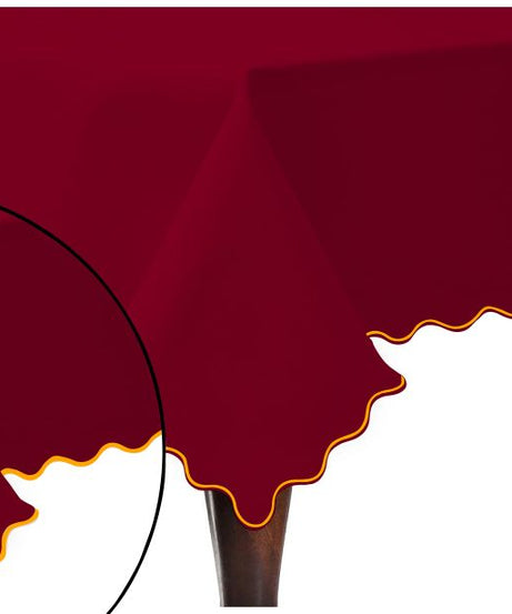 Scallop Embroidery Sateen Cotton Solid Table Cloth - Burgundy