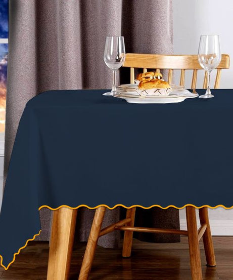 Scallop Embroidery Sateen Cotton Solid Table Cloth - Navy