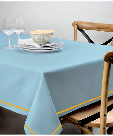 Single Embroidery Border Sateen Cotton Solid Table Cloth - Light Blue