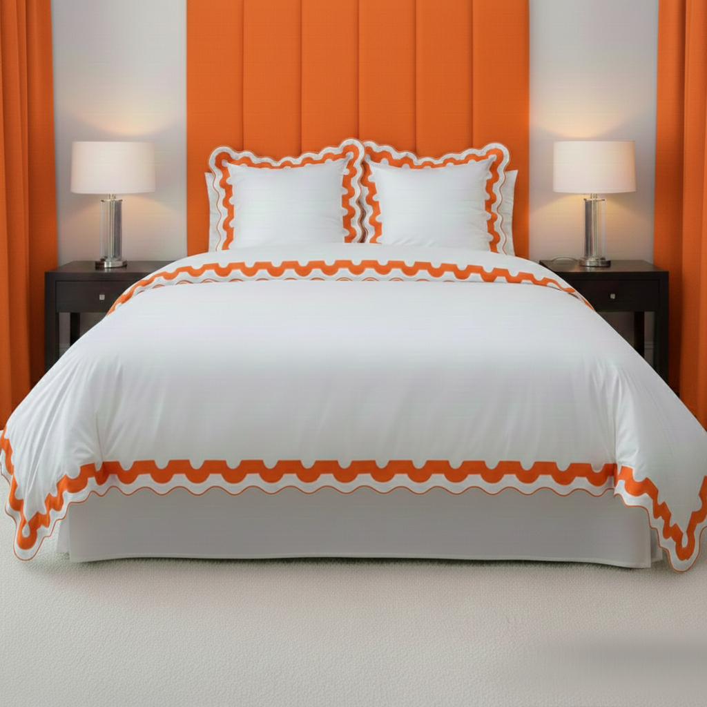 400TC U Shape Applique Scalloped Embroidery Cotton Duvet Cover Set