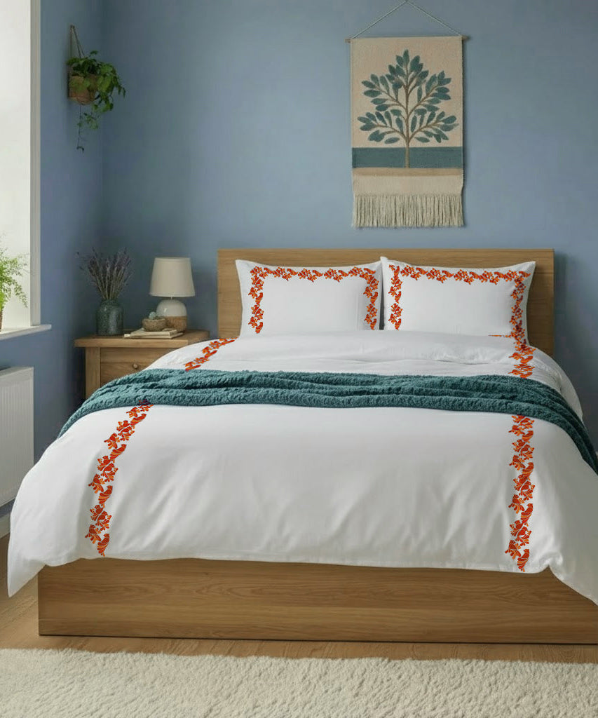 Bird Embroidered Cotton Duvet Cover Set