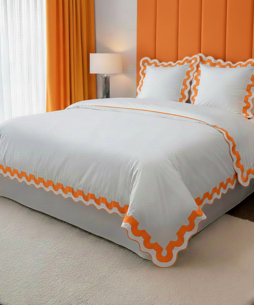 400TC U Shape Applique Scalloped Embroidery Cotton Duvet Cover Set