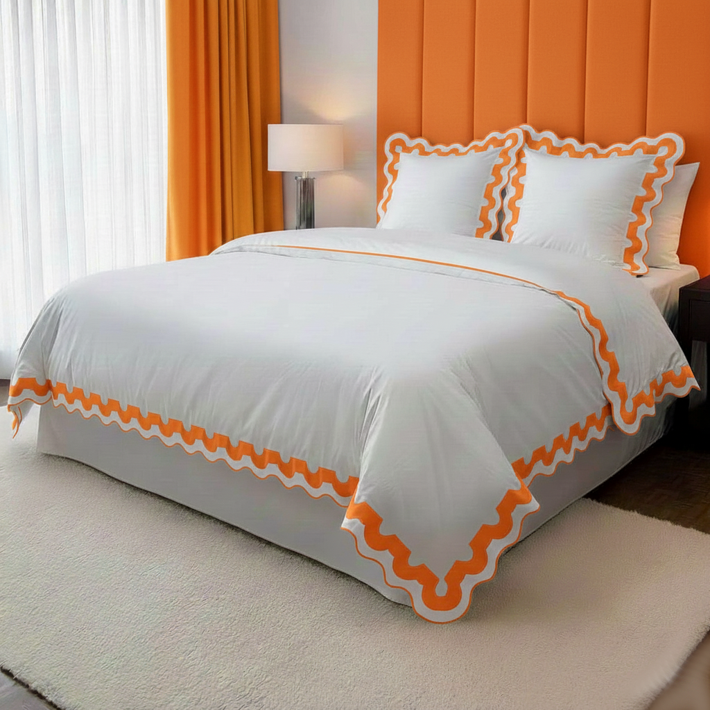 400TC U Shape Applique Scalloped Embroidery Cotton Duvet Cover Set