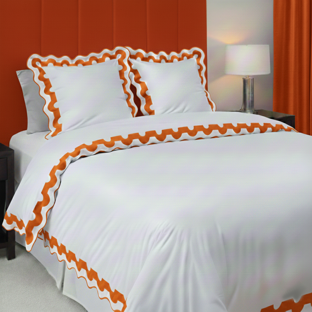 400TC U Shape Applique Scalloped Embroidery Cotton Duvet Cover Set