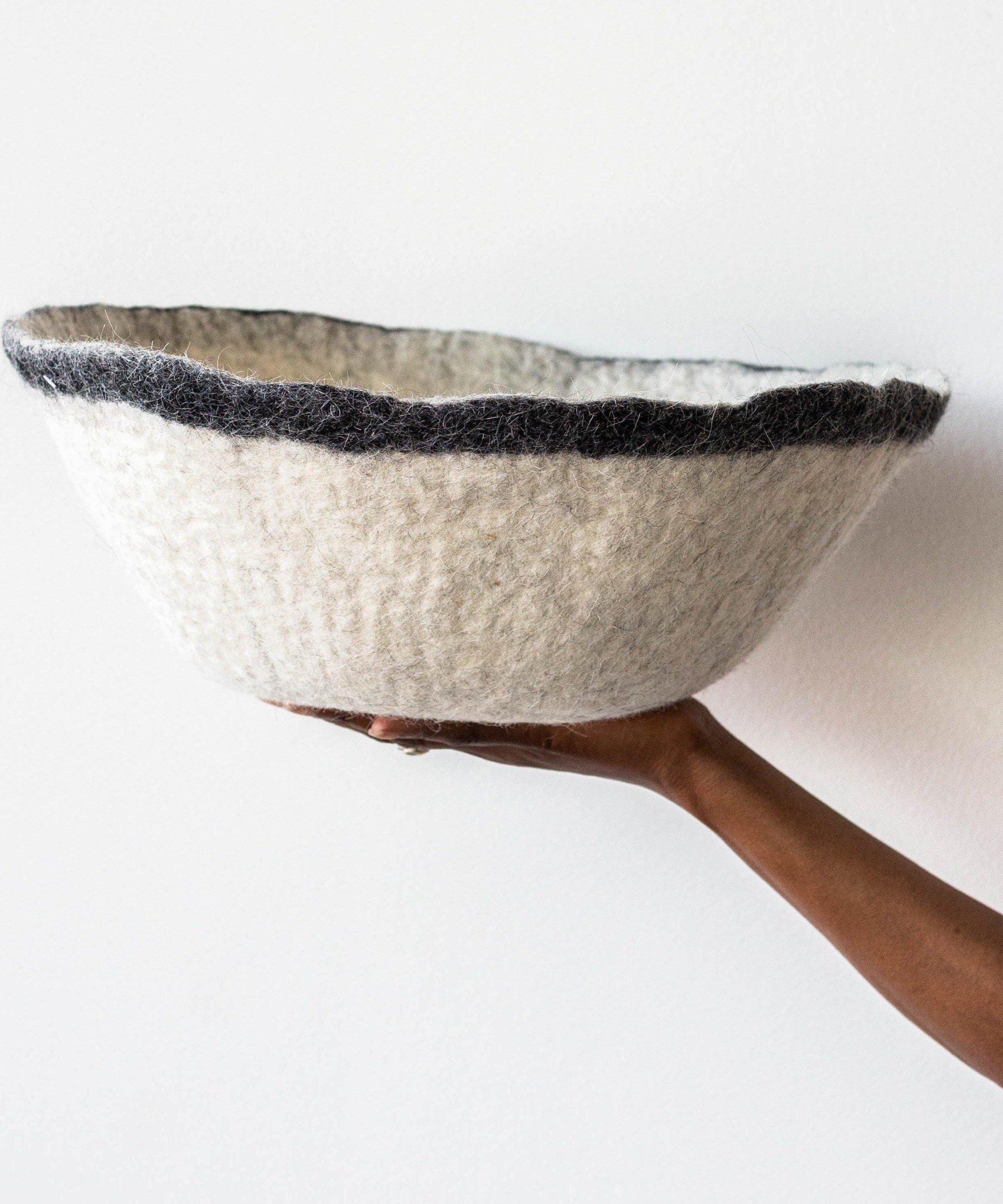 Orbit Hand-Felted Wool Natural White and Black Bowl