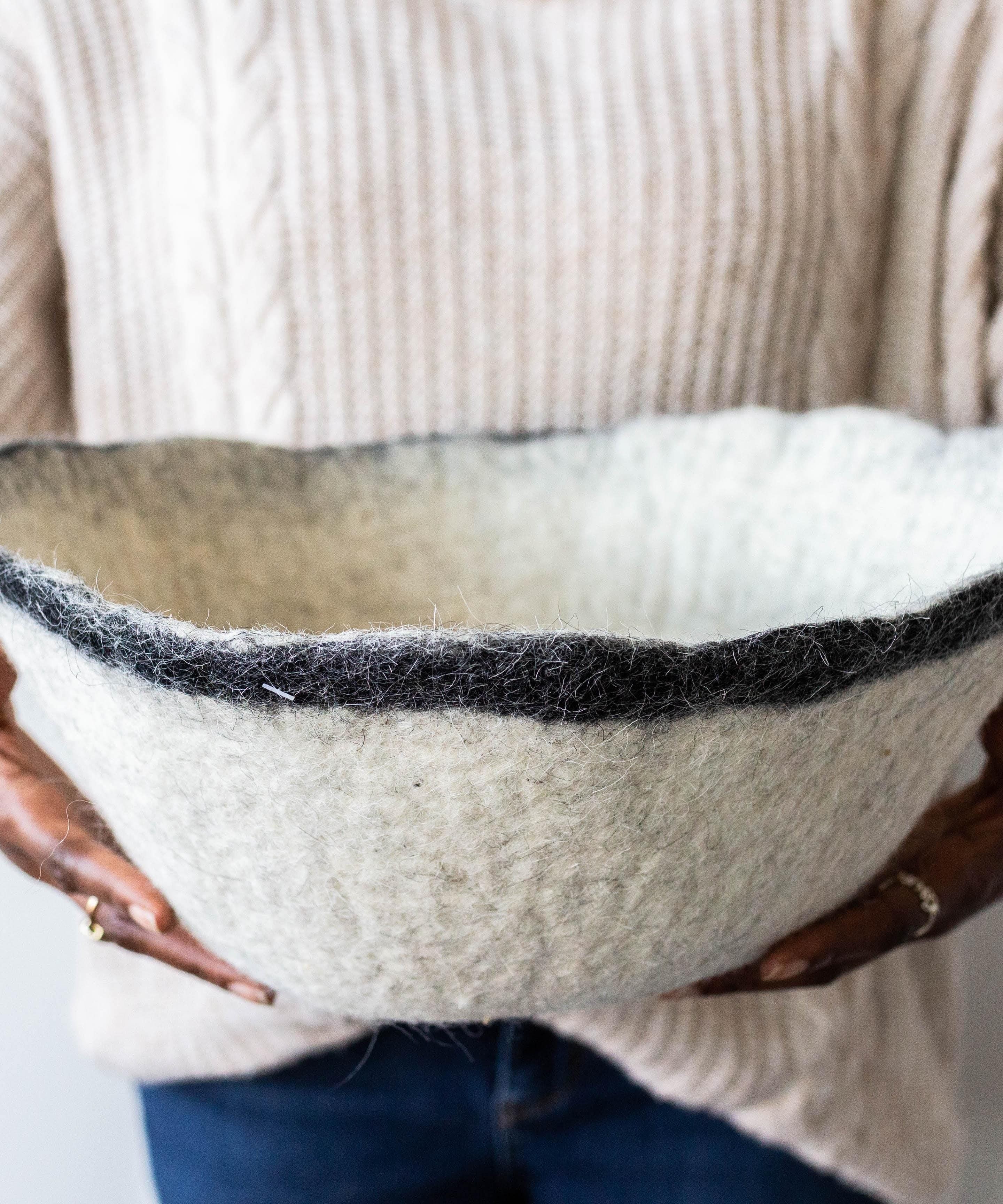 Orbit Hand-Felted Wool Natural White and Black Bowl