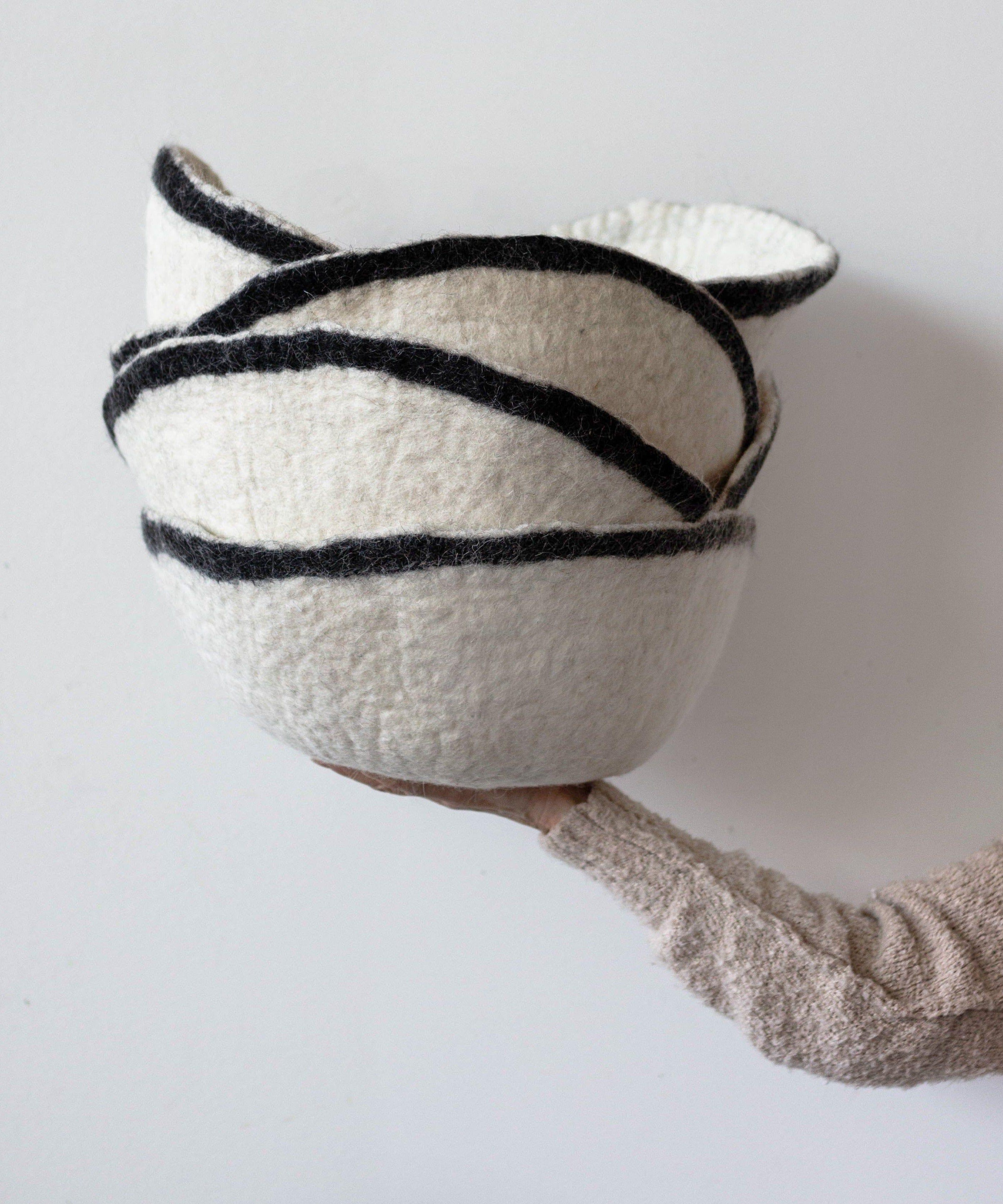 Orbit Hand-Felted Wool Natural White and Black Bowl