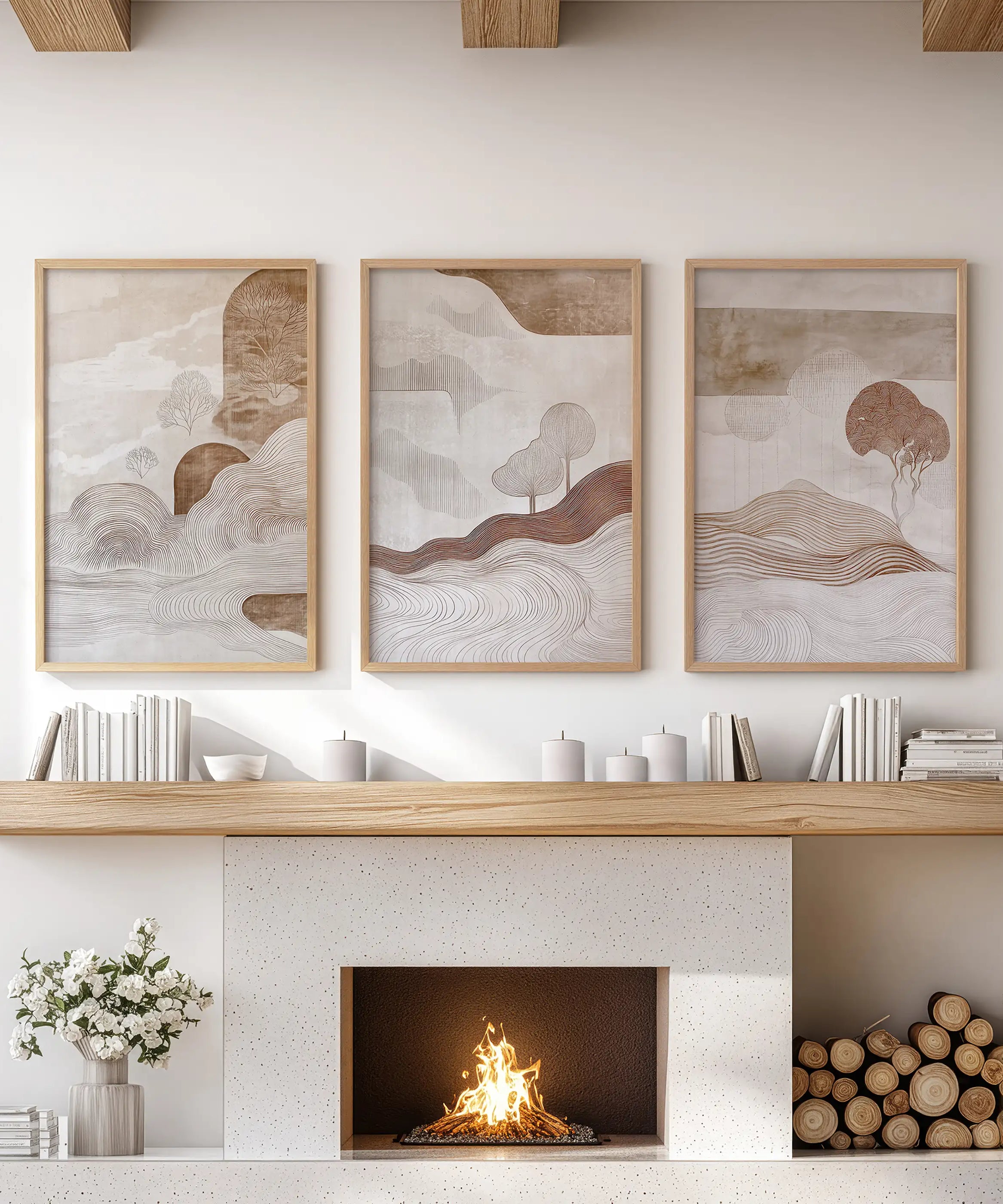 Wabi Sabi Line Art Set of 3 Prints. Earth Tones Landscape