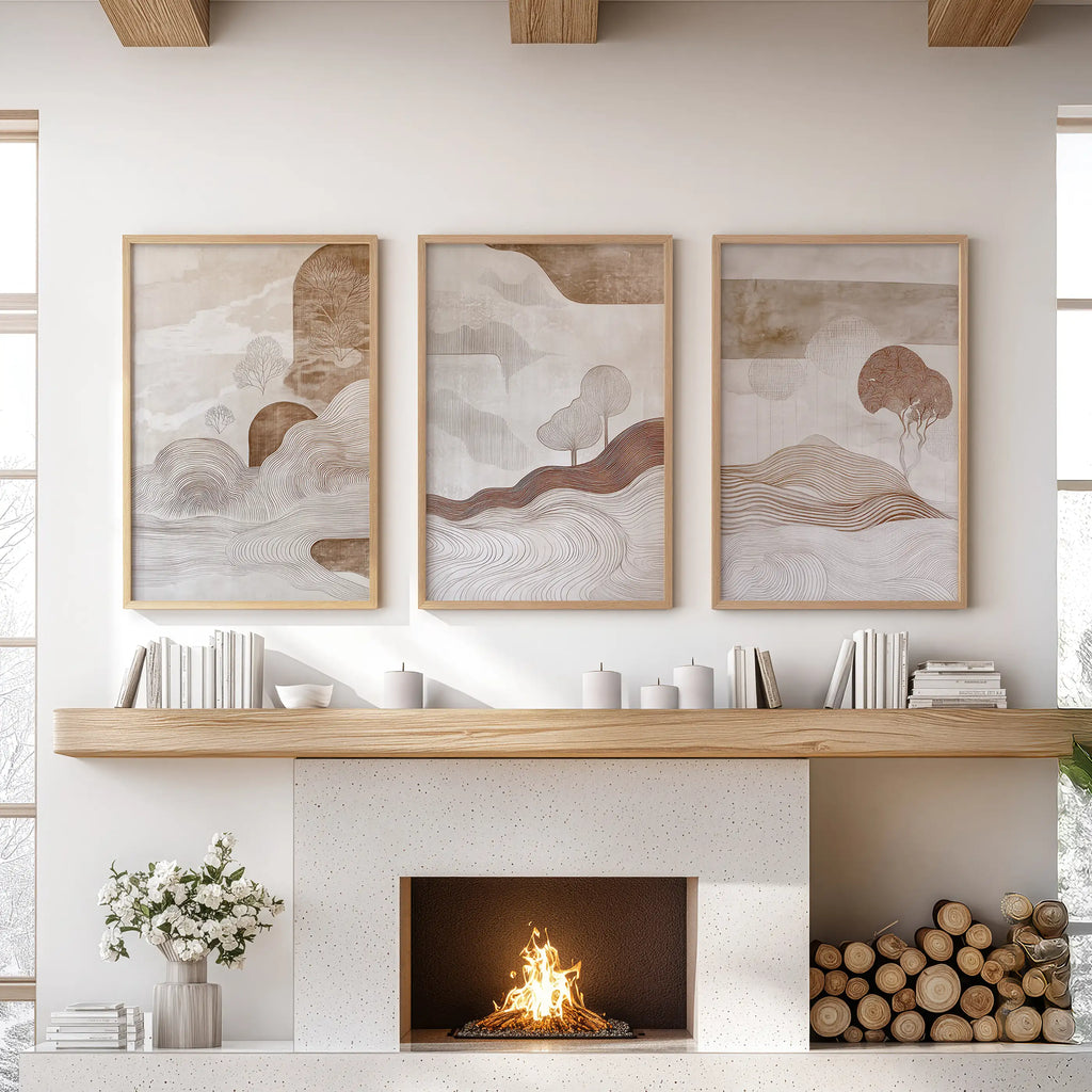 Wabi Sabi Line Art Set of 3 Prints. Earth Tones Landscape