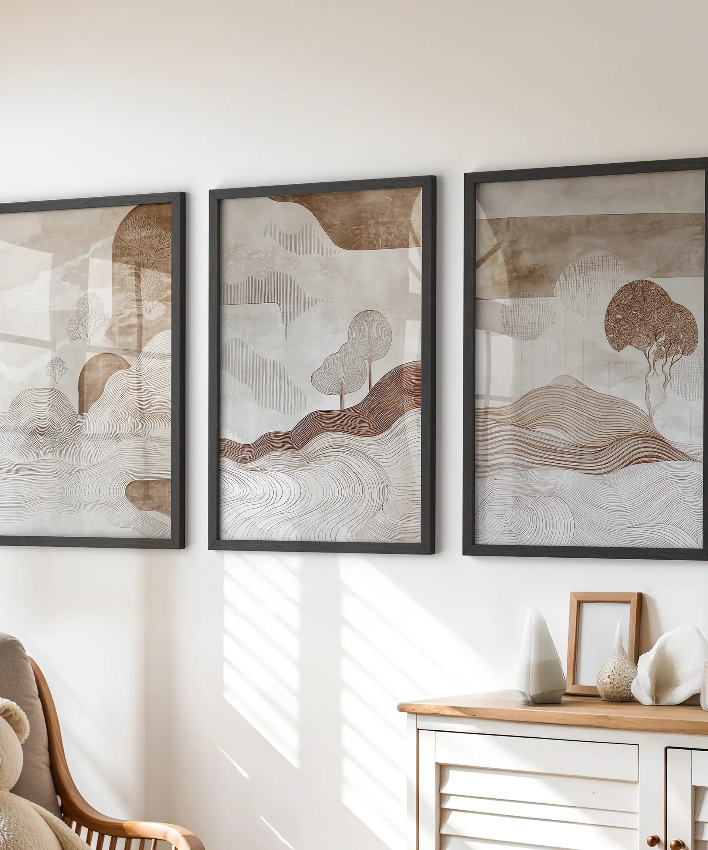Wabi Sabi Line Art Set of 3 Prints. Earth Tones Landscape