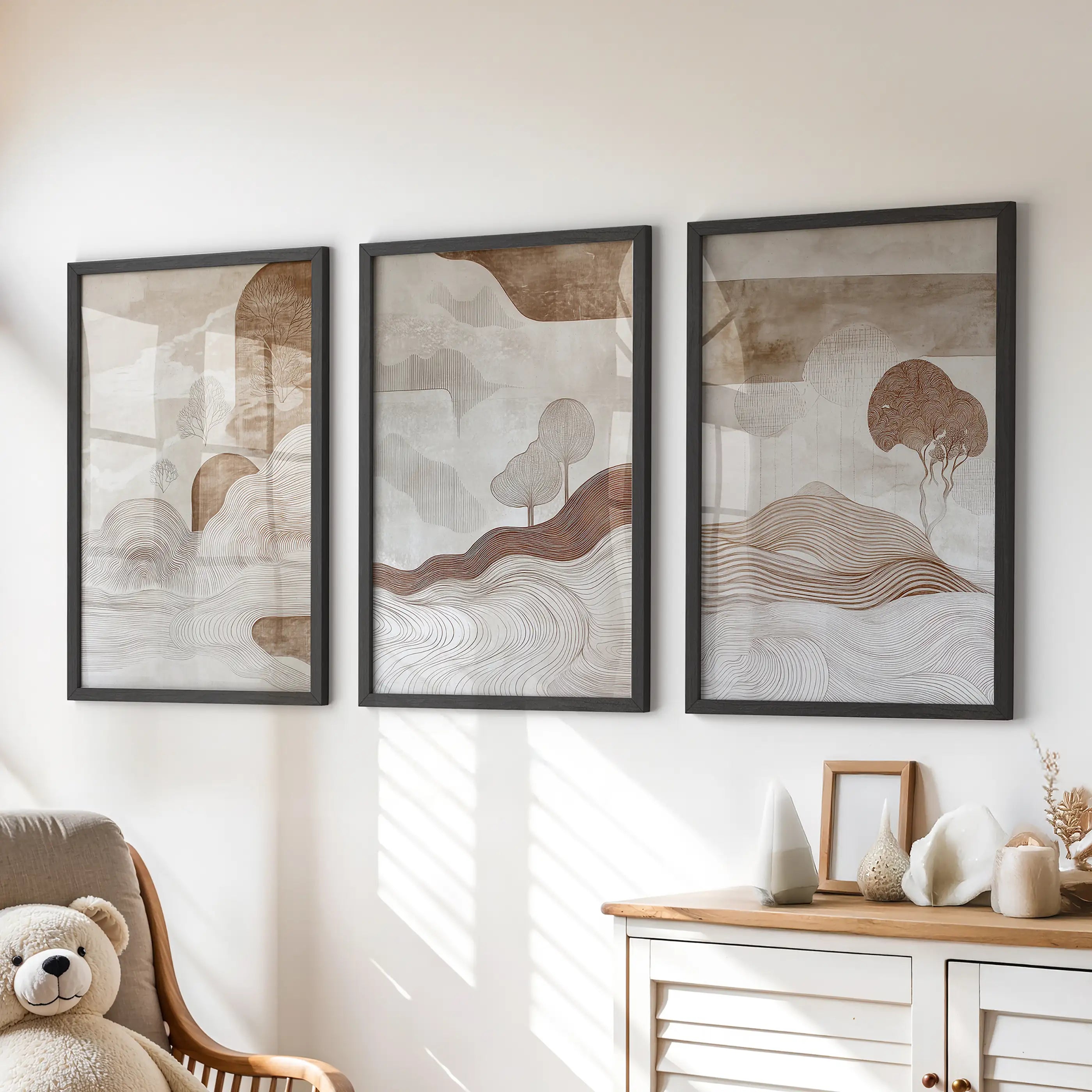 Wabi Sabi Line Art Set of 3 Prints. Earth Tones Landscape