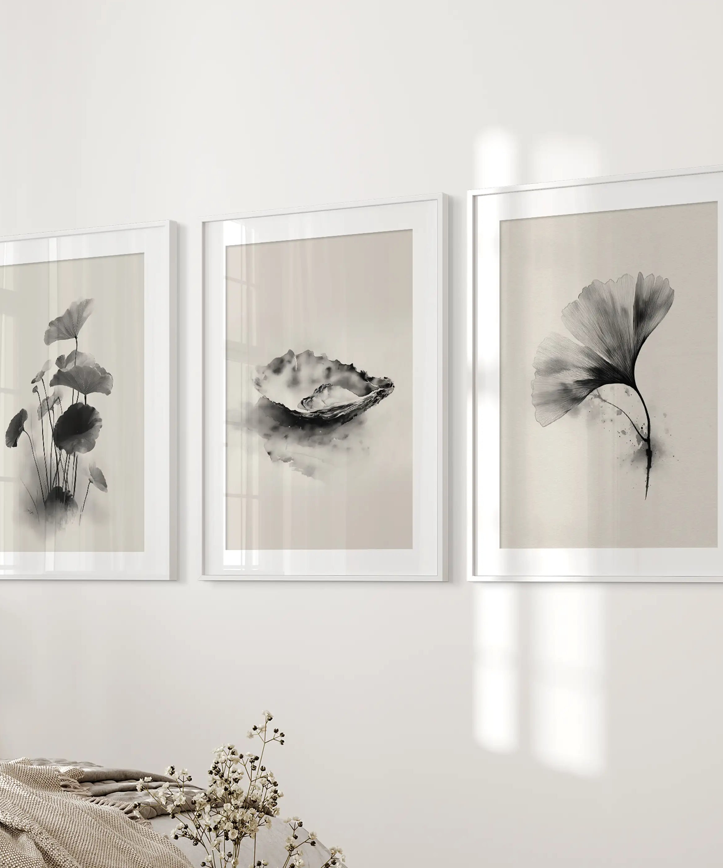 Minimalist Japanese Set of 3 Prints. Black and White Flowers Decor