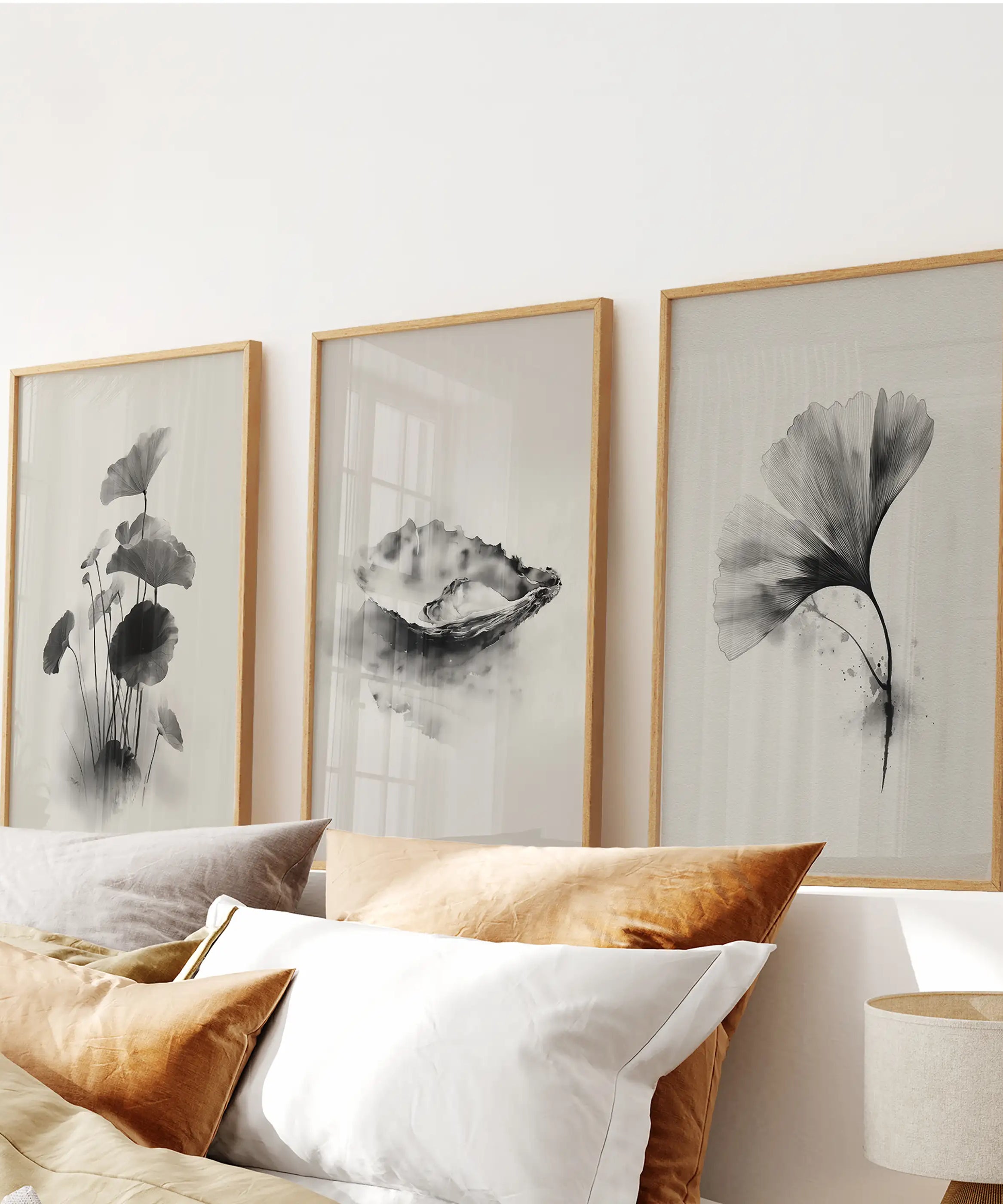 Minimalist Japanese Set of 3 Prints. Black and White Flowers Decor
