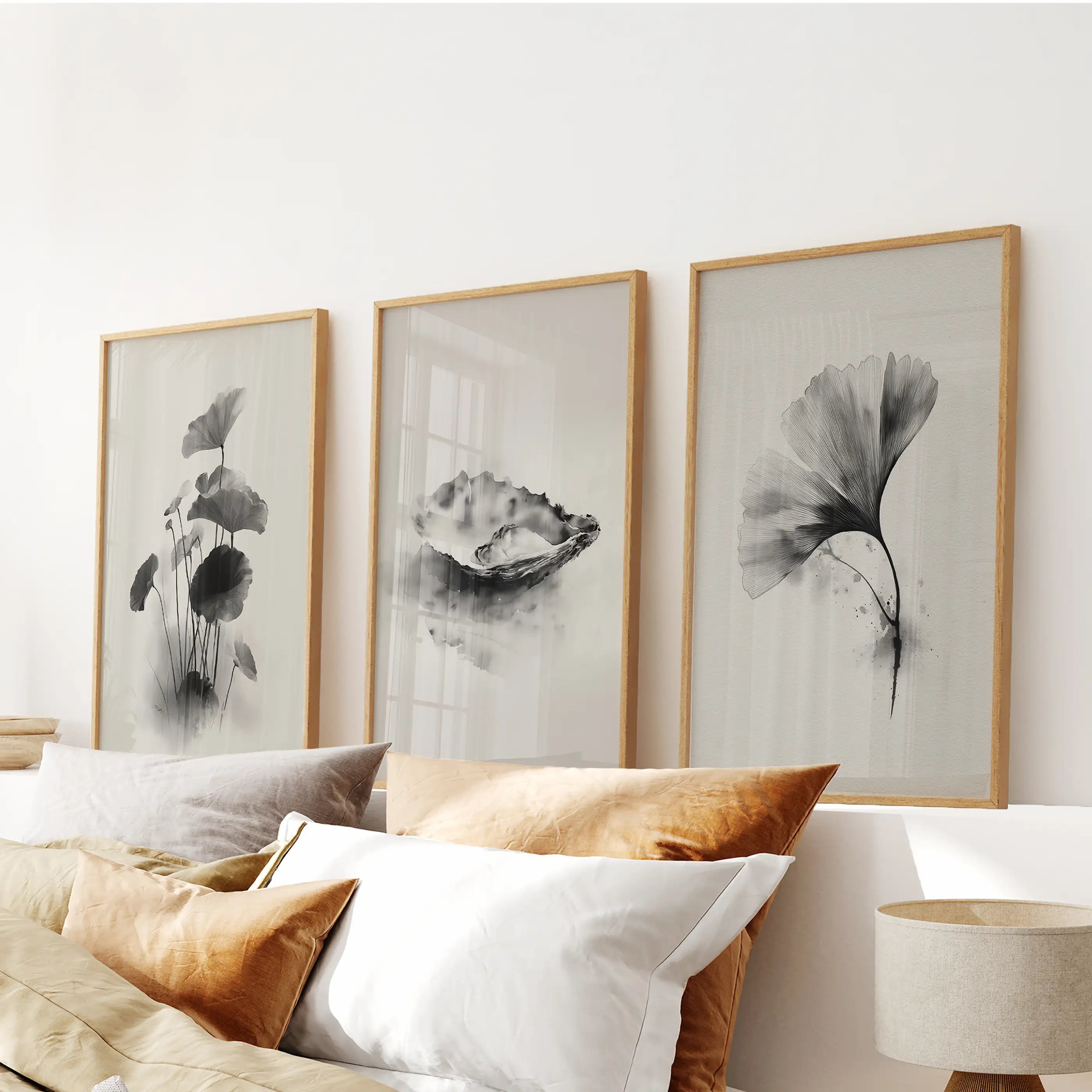 Minimalist Japanese Set of 3 Prints. Black and White Flowers Decor