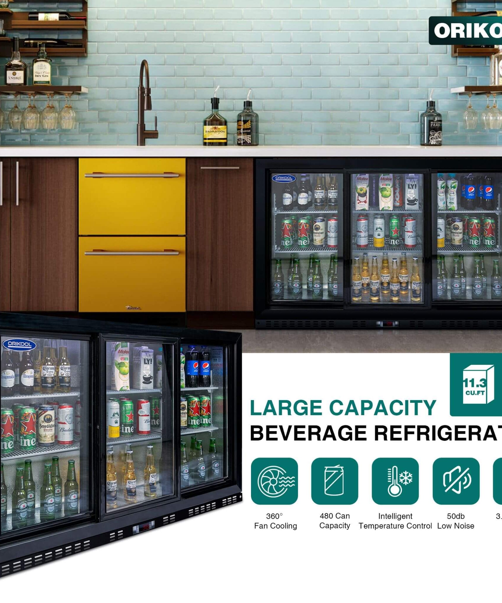 Orikool 53-Inch Energy Efficient Commercial Back Bar Drink Cooler With LED Lighting And 3 Glass Doors (SAK12097)