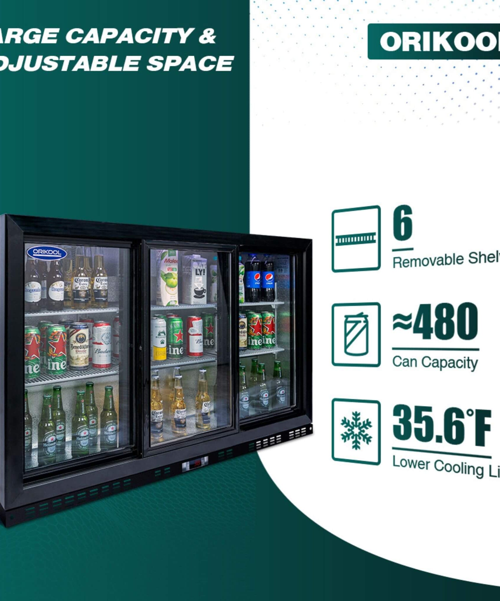 Orikool 53-Inch Energy Efficient Commercial Back Bar Drink Cooler With LED Lighting And 3 Glass Doors (SAK12097)