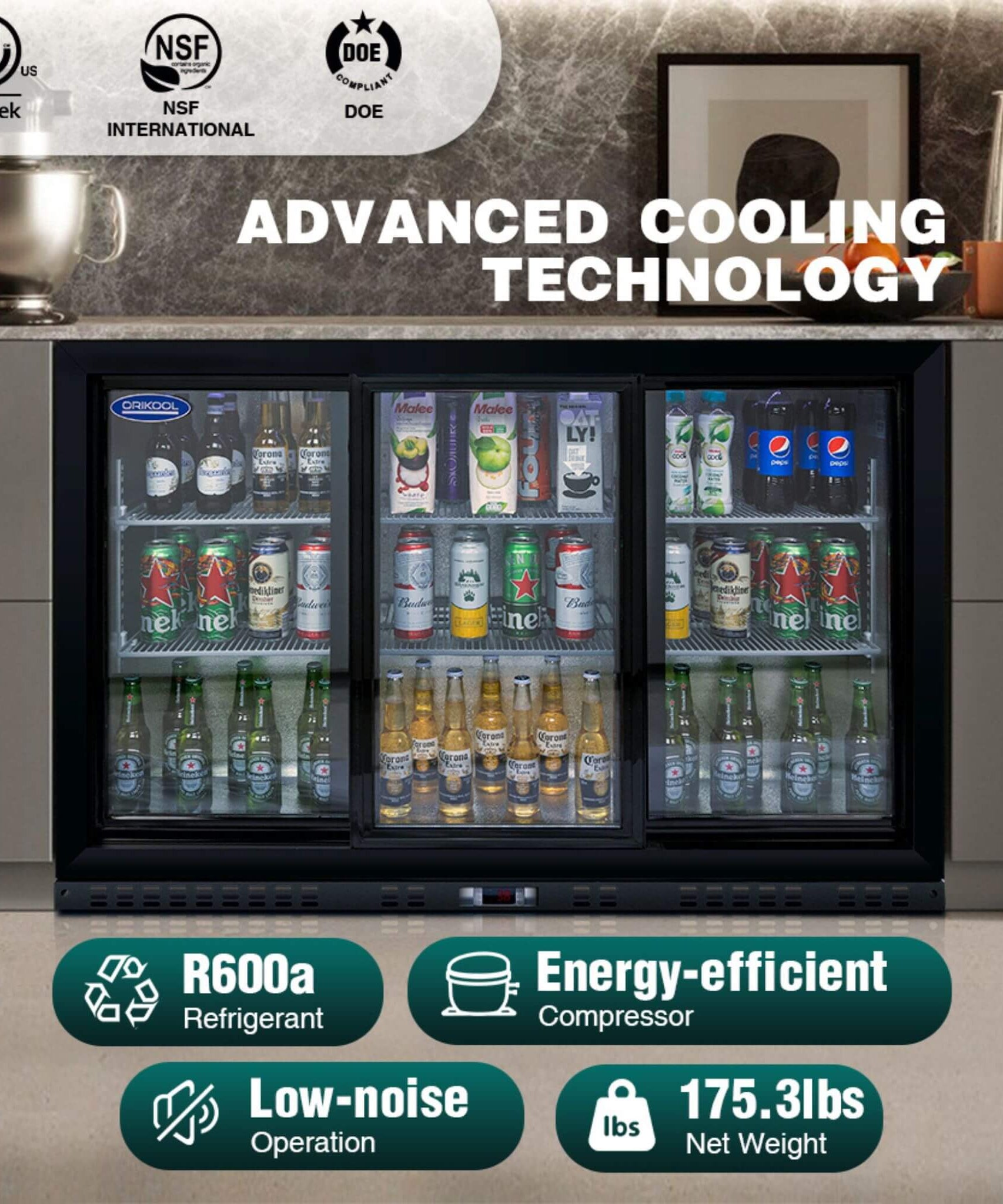 Orikool 53-Inch Energy Efficient Commercial Back Bar Drink Cooler With LED Lighting And 3 Glass Doors (SAK12097)