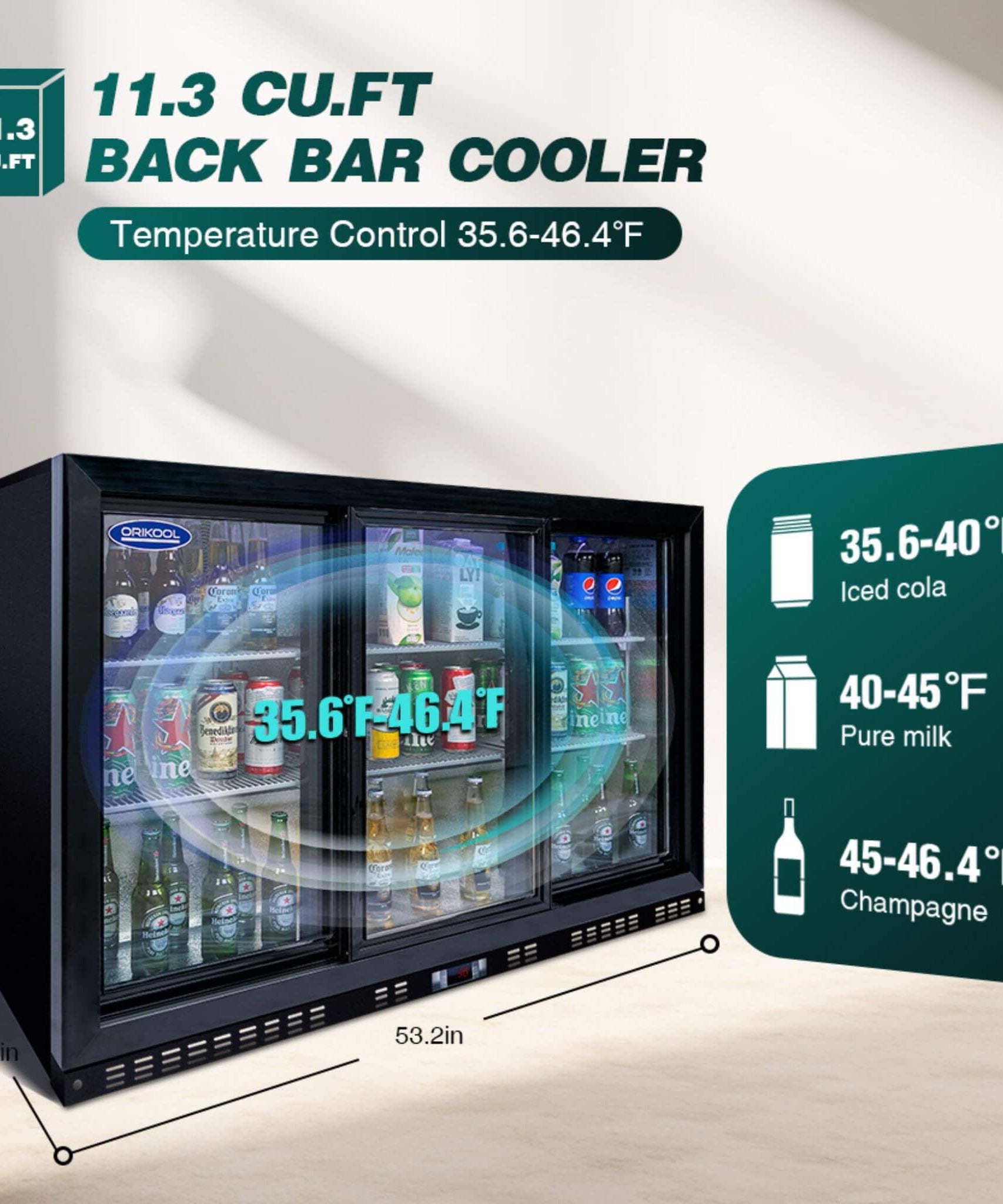 Orikool 53-Inch Energy Efficient Commercial Back Bar Drink Cooler With LED Lighting And 3 Glass Doors (SAK12097)