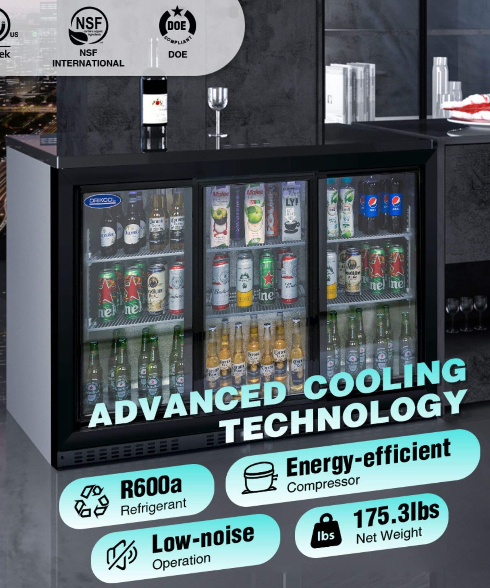Orikool 53-Inch Energy Efficient Commercial Back Bar Drink Cooler With LED Lighting And 3 Glass Doors (SAK12097)