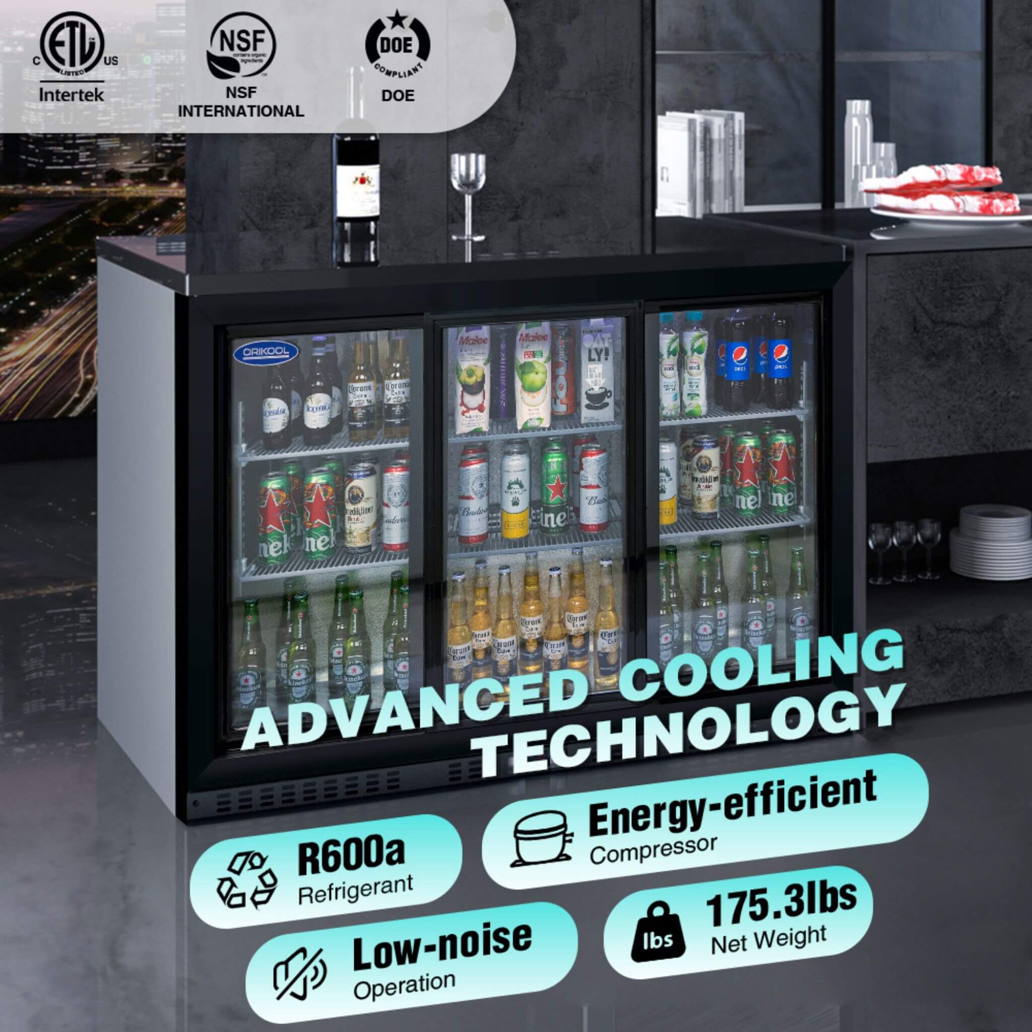 Orikool 53-Inch Energy Efficient Commercial Back Bar Drink Cooler With LED Lighting And 3 Glass Doors (SAK12097)