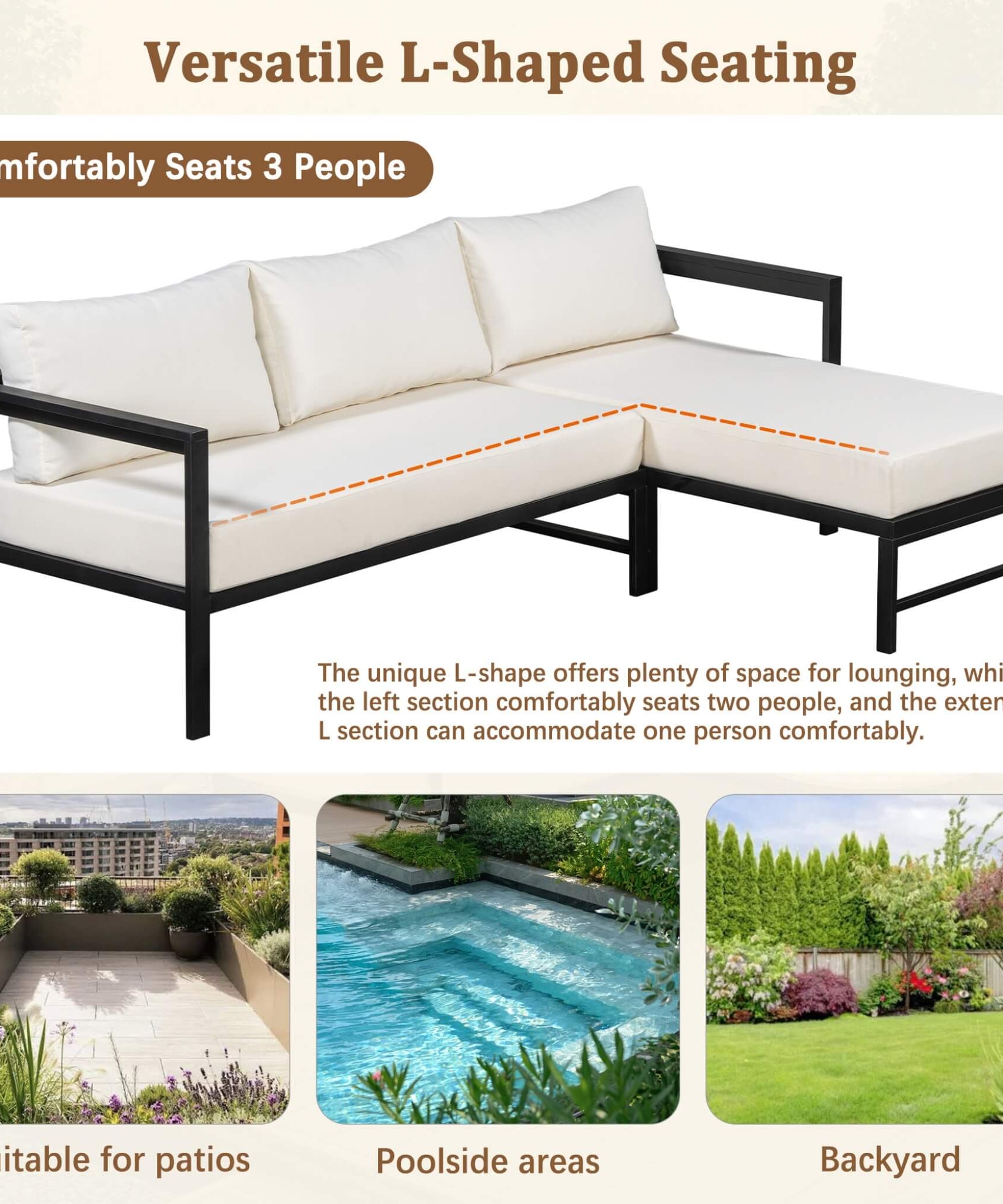 Alora Outdoor 3-Person L-Shaped Patio Sofa With Iron Frame And Thick Cushions [No Coffee Table] (SAK70213)