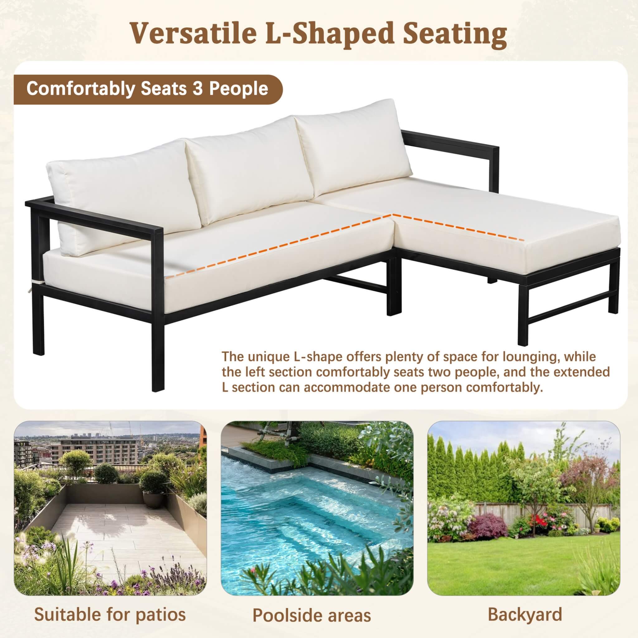 Alora Outdoor 3-Person L-Shaped Patio Sofa With Iron Frame And Thick Cushions [No Coffee Table] (SAK70213)