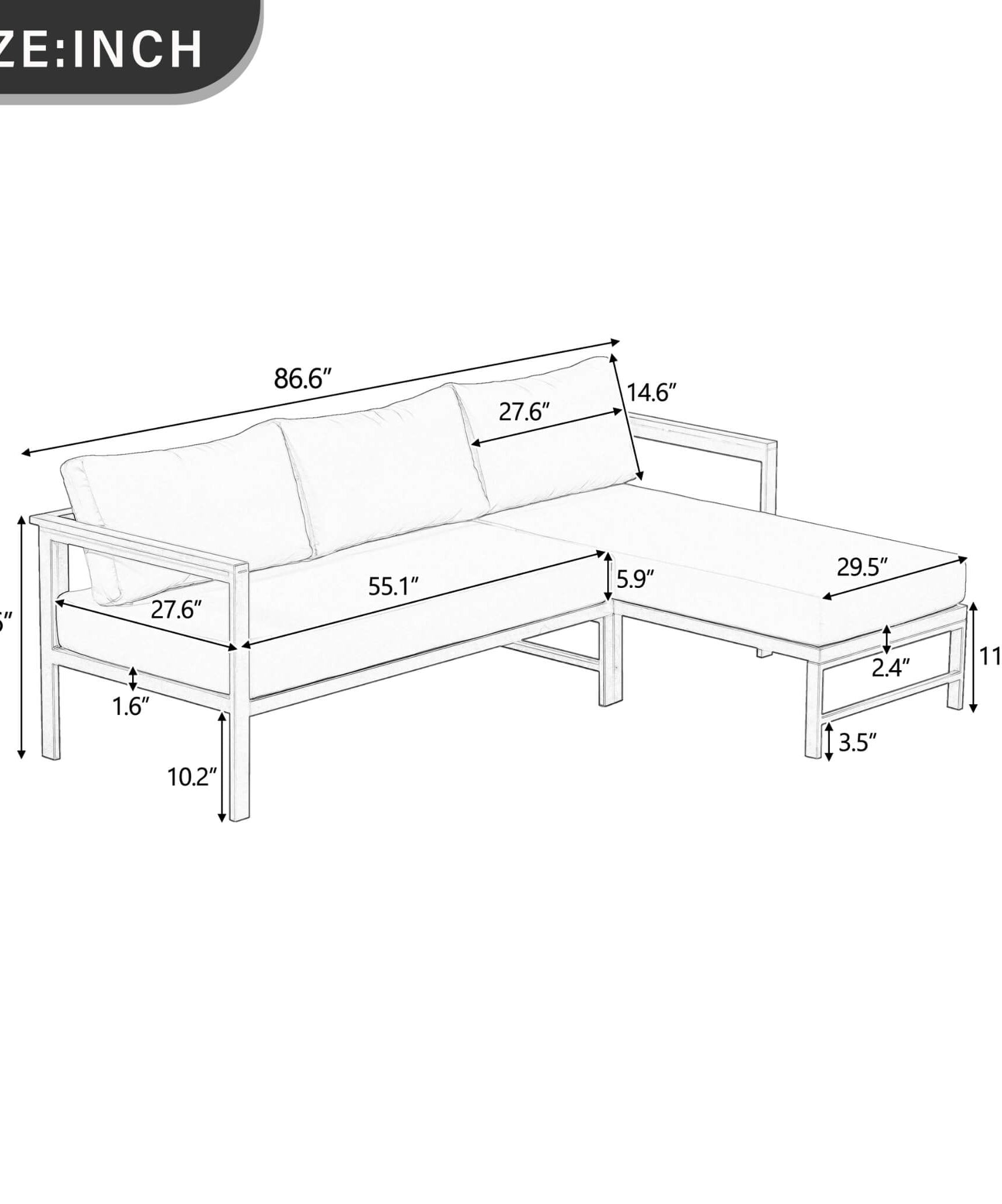 Alora Outdoor 3-Person L-Shaped Patio Sofa With Iron Frame And Thick Cushions [No Coffee Table] (SAK70213)