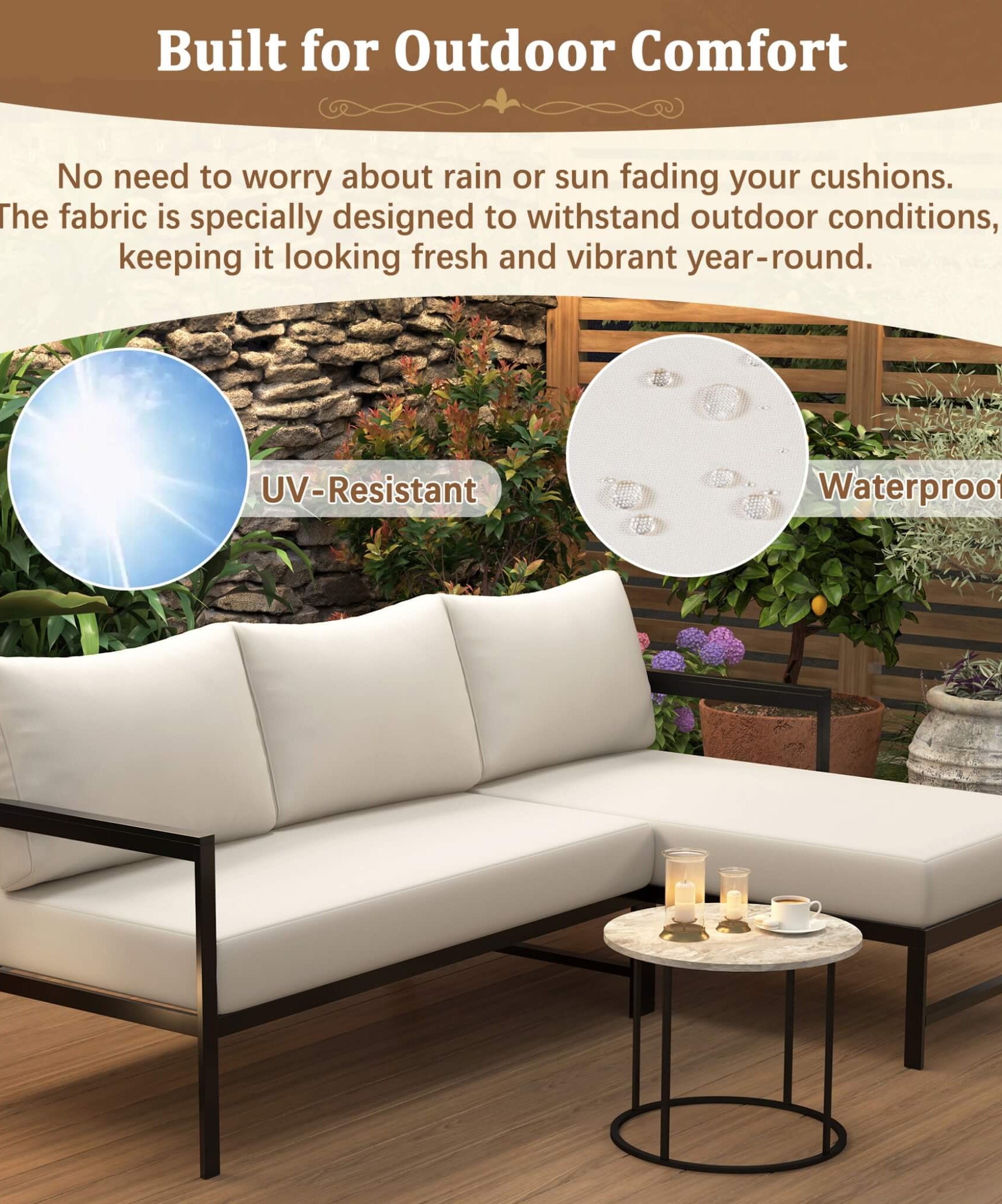 Alora Outdoor 3-Person L-Shaped Patio Sofa With Iron Frame And Thick Cushions [No Coffee Table] (SAK70213)
