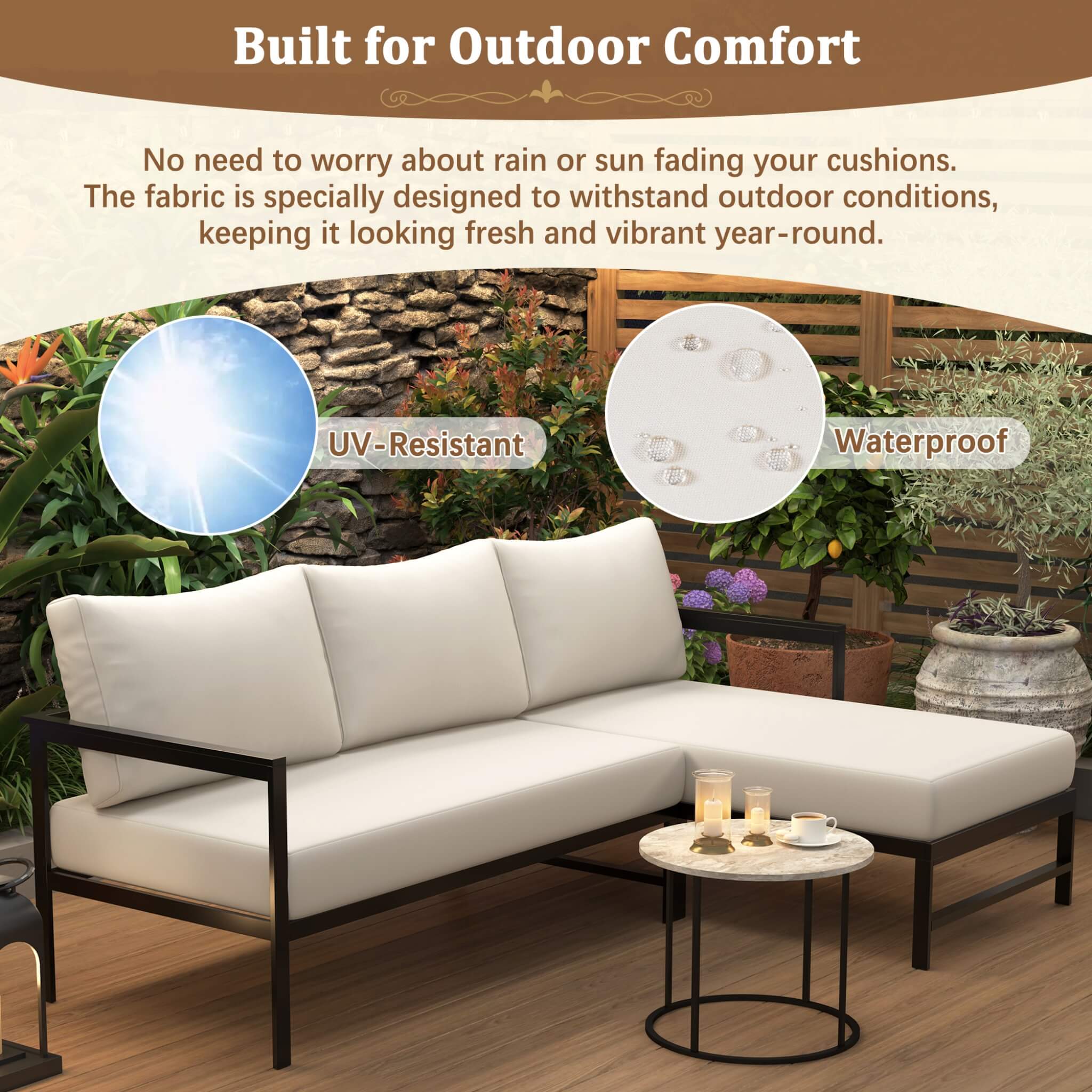 Alora Outdoor 3-Person L-Shaped Patio Sofa With Iron Frame And Thick Cushions [No Coffee Table] (SAK70213)
