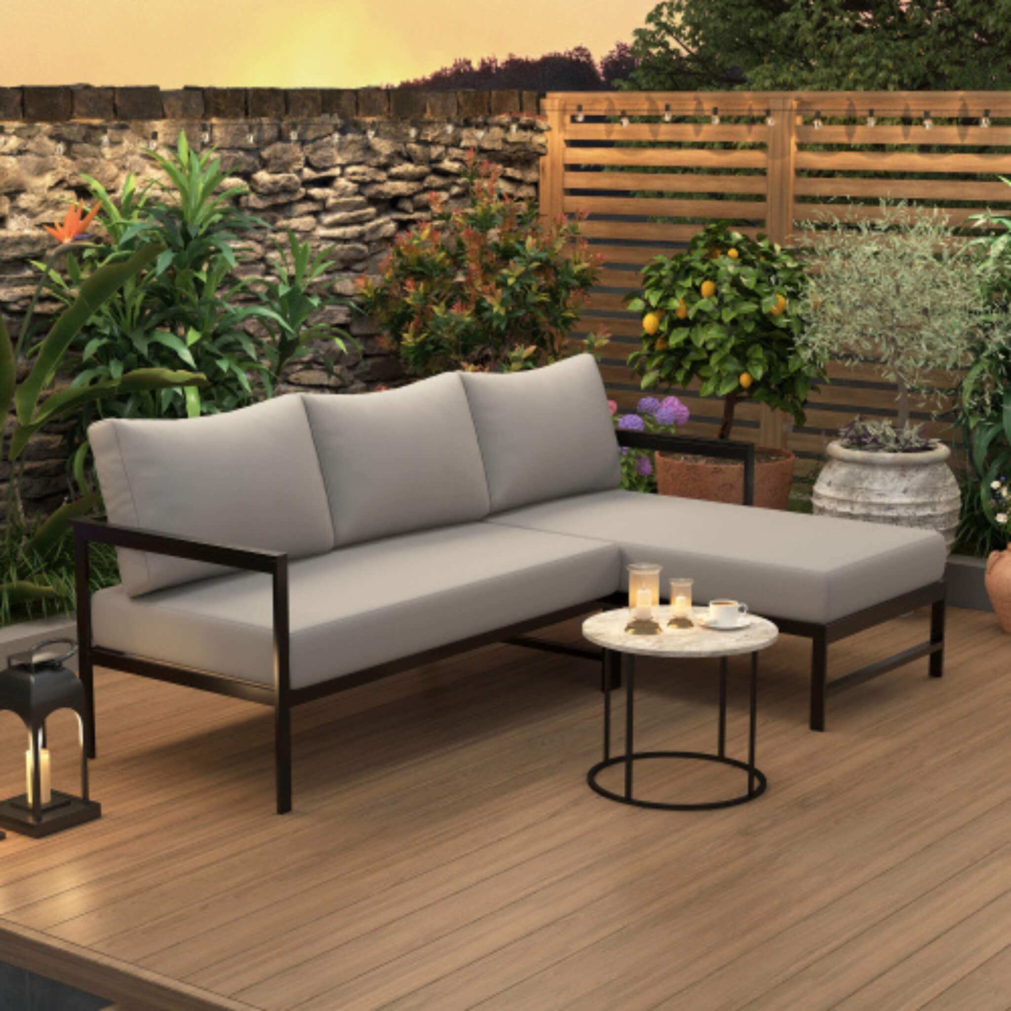 Alora Outdoor 3-Person L-Shaped Patio Sofa With Iron Frame And Thick Cushions [No Coffee Table] (SAK70213)