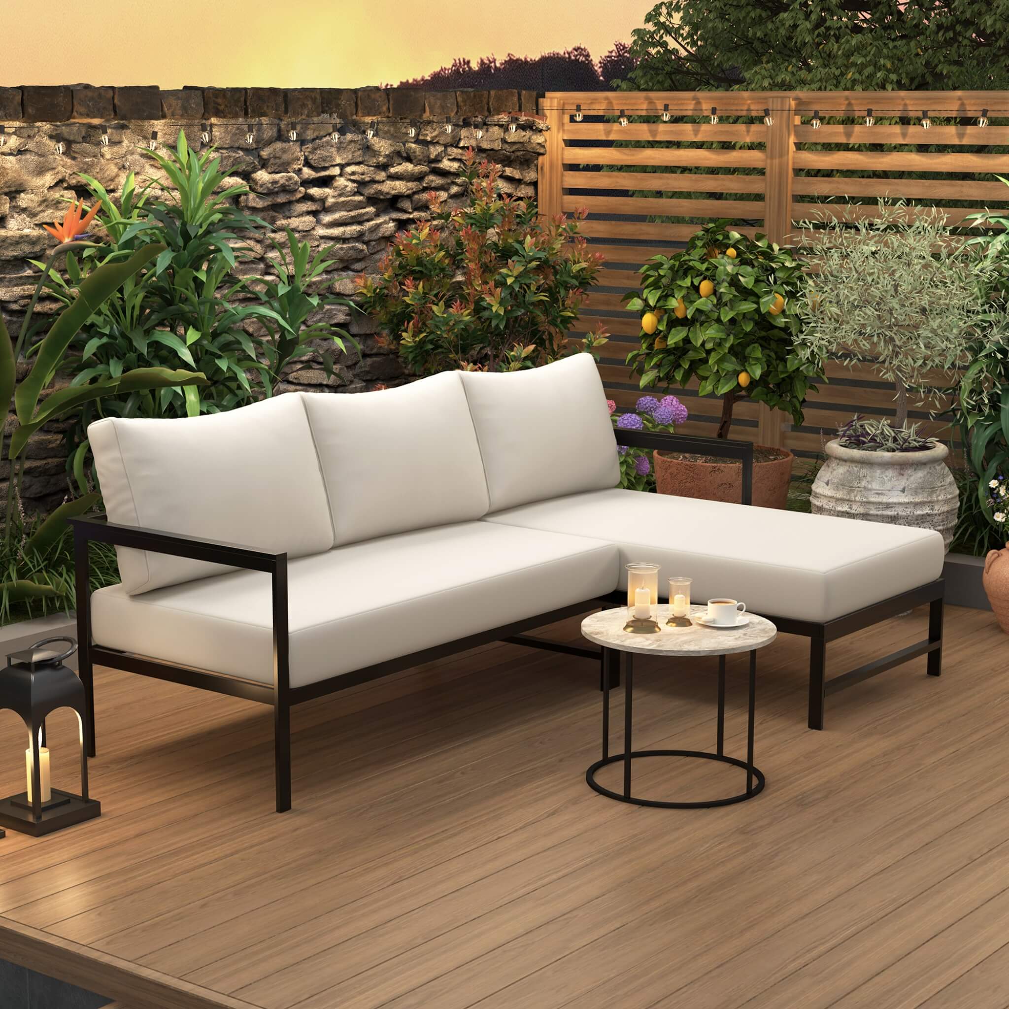 Alora Outdoor 3-Person L-Shaped Patio Sofa With Iron Frame And Thick Cushions [No Coffee Table] (SAK70213)