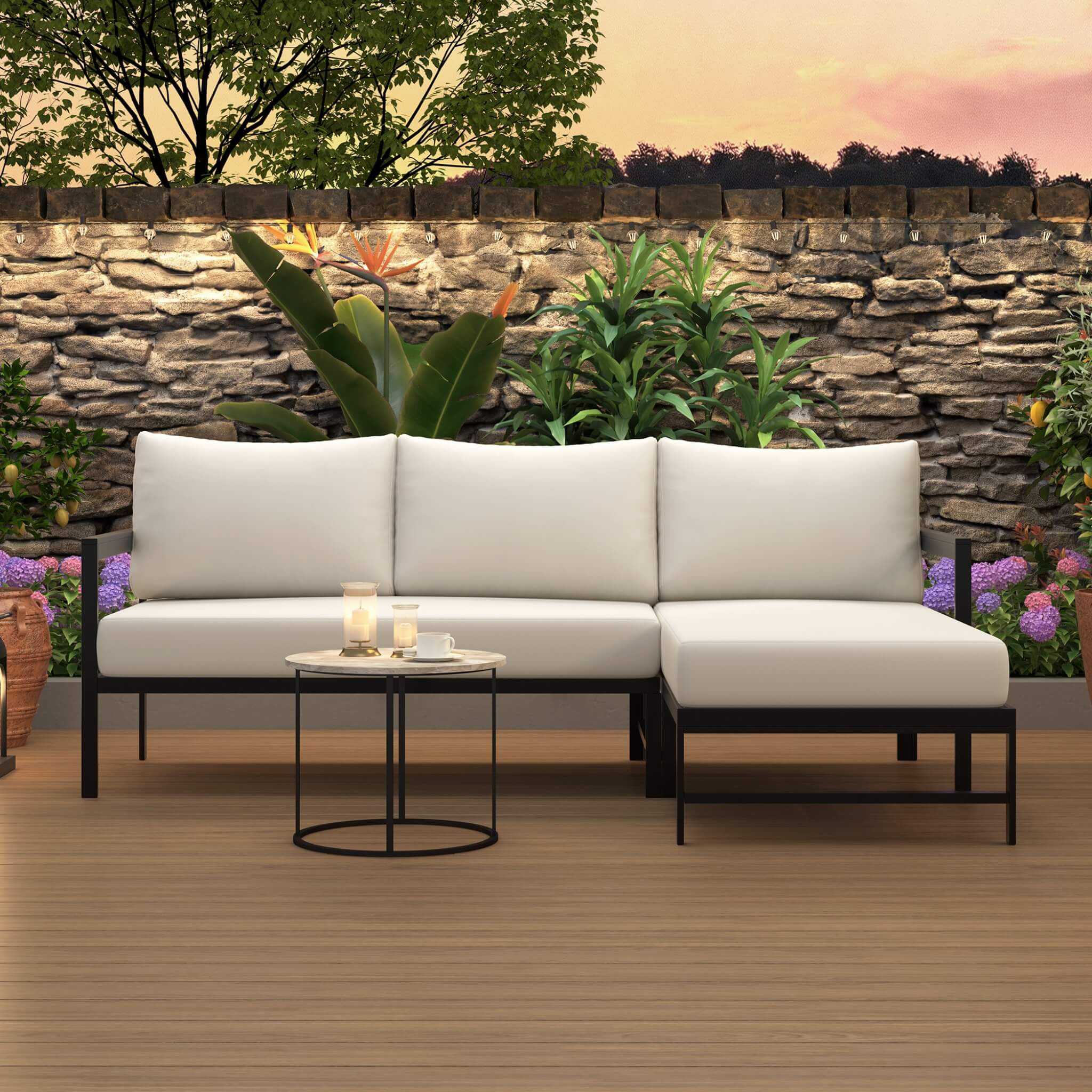 Alora Outdoor 3-Person L-Shaped Patio Sofa With Iron Frame And Thick Cushions [No Coffee Table] (SAK70213)