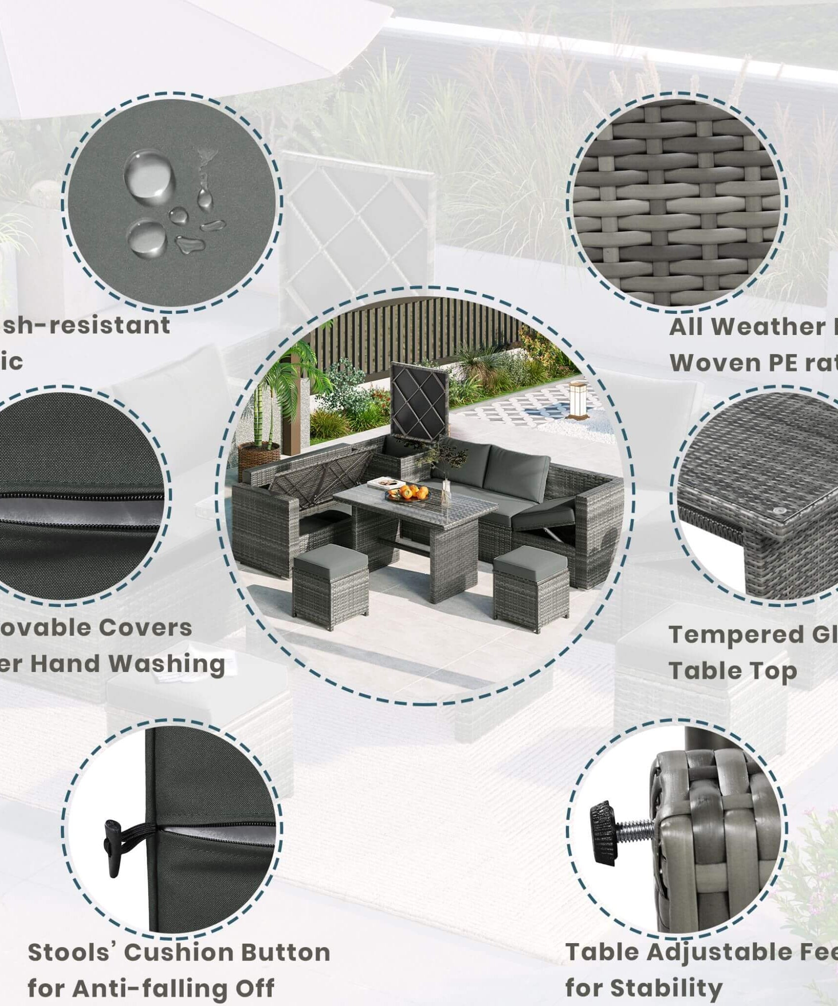 Alora Outdoor 6-Piece All-Weather PE Rattan Sofa Set With Adjustable Seat, Storage Box, Removable Covers, And Tempered Glass Table Top (SAK37221)