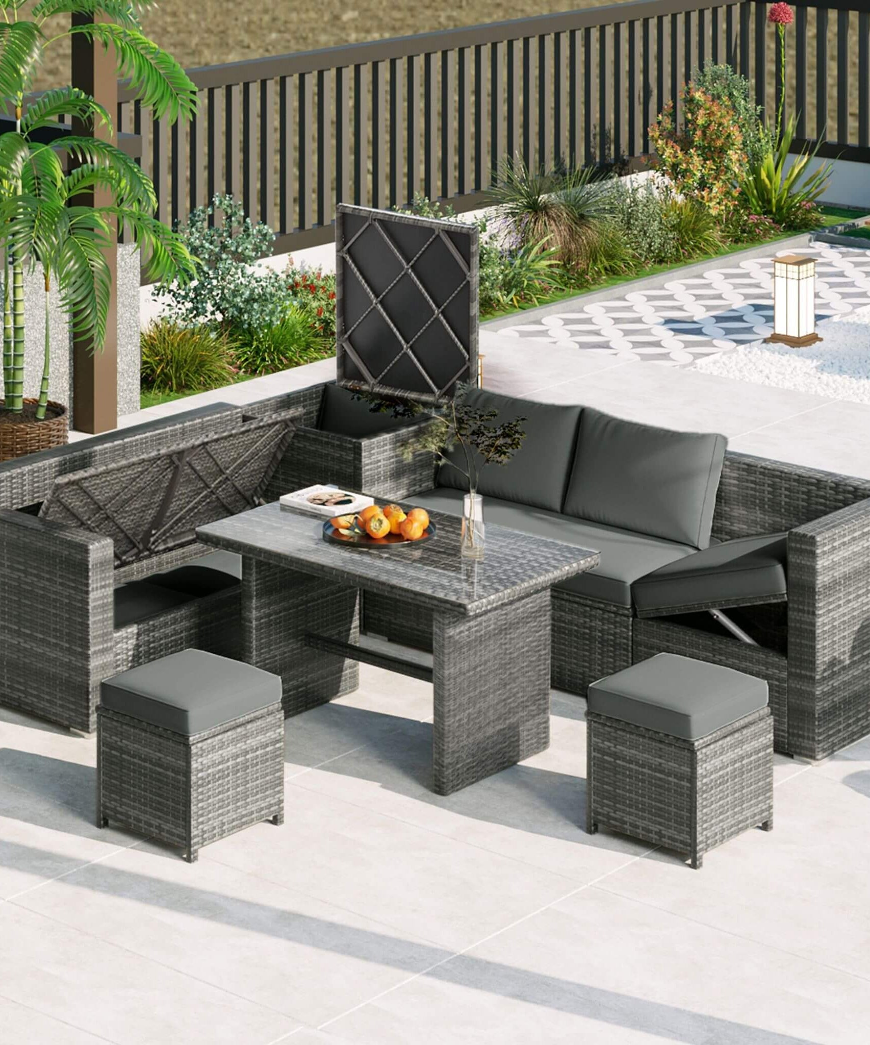 Alora Outdoor 6-Piece All-Weather PE Rattan Sofa Set With Adjustable Seat, Storage Box, Removable Covers, And Tempered Glass Table Top (SAK37221)