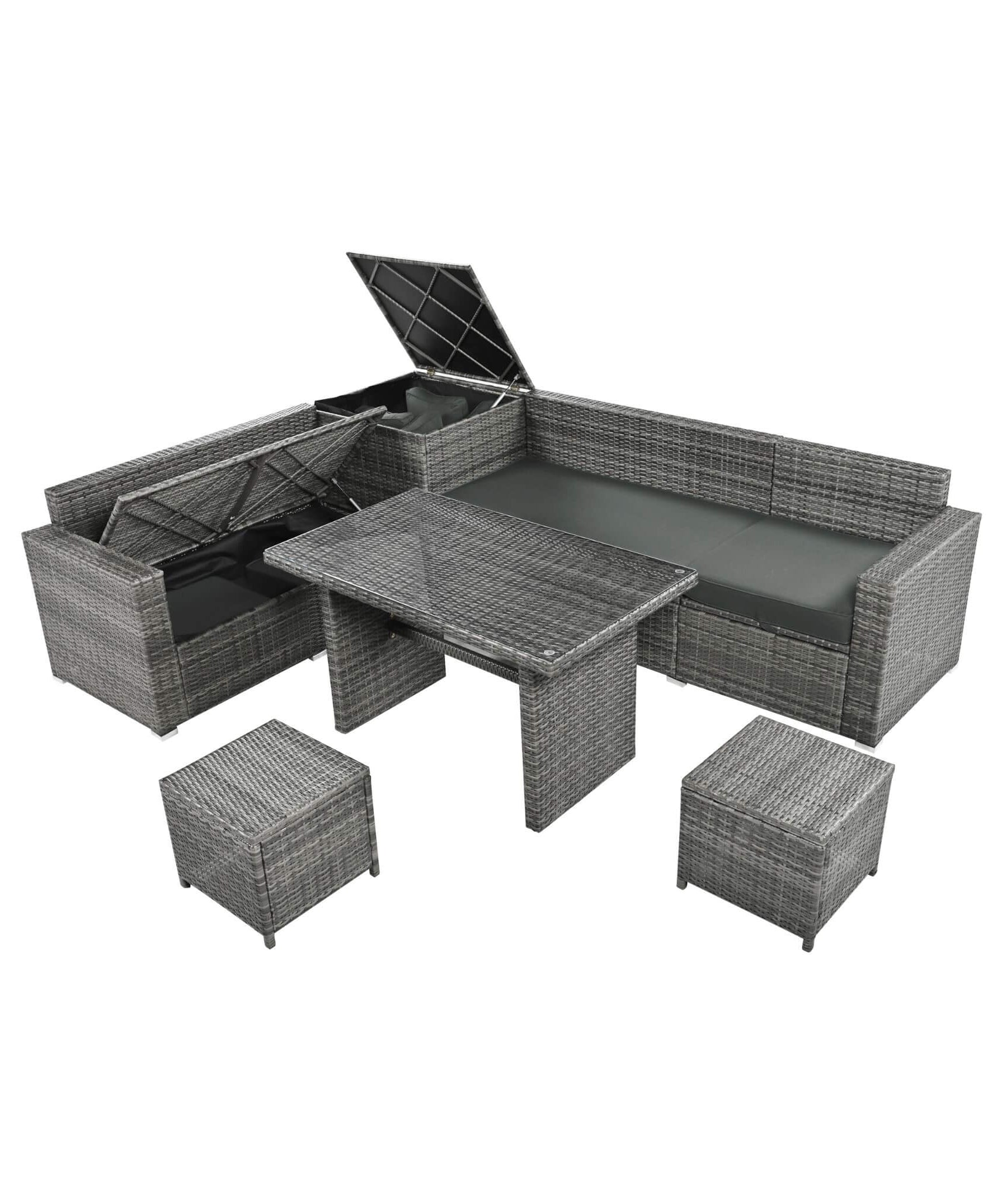 Alora Outdoor 6-Piece All-Weather PE Rattan Sofa Set With Adjustable Seat, Storage Box, Removable Covers, And Tempered Glass Table Top (SAK37221)