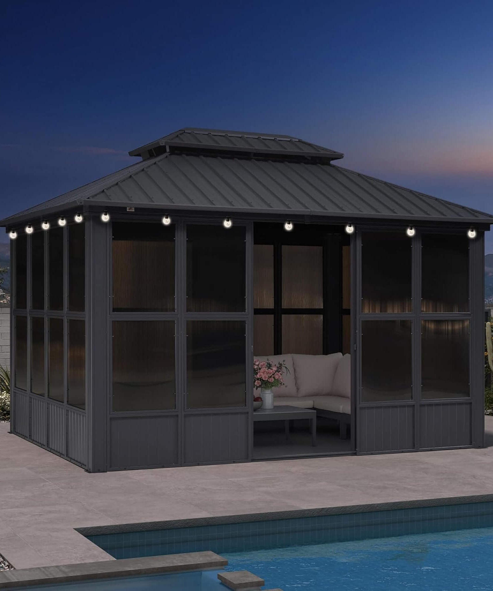 Alora Vista Outdoor Hardtop Aluminum Solarium With Double Roof And LED Lights (SAK42086)