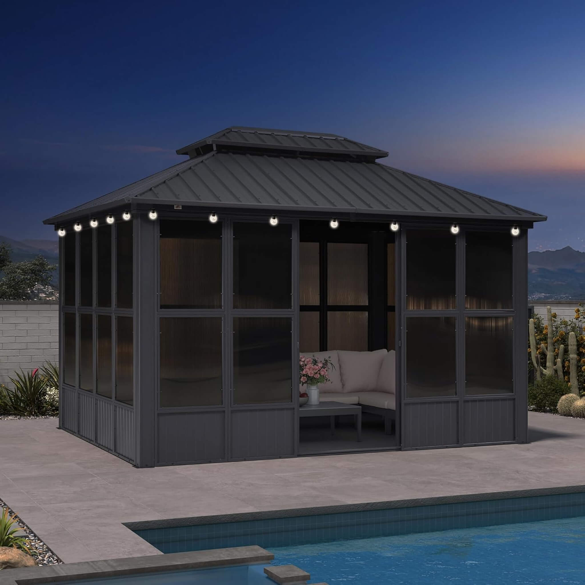 Alora Vista Outdoor Hardtop Aluminum Solarium With Double Roof And LED Lights (SAK42086)