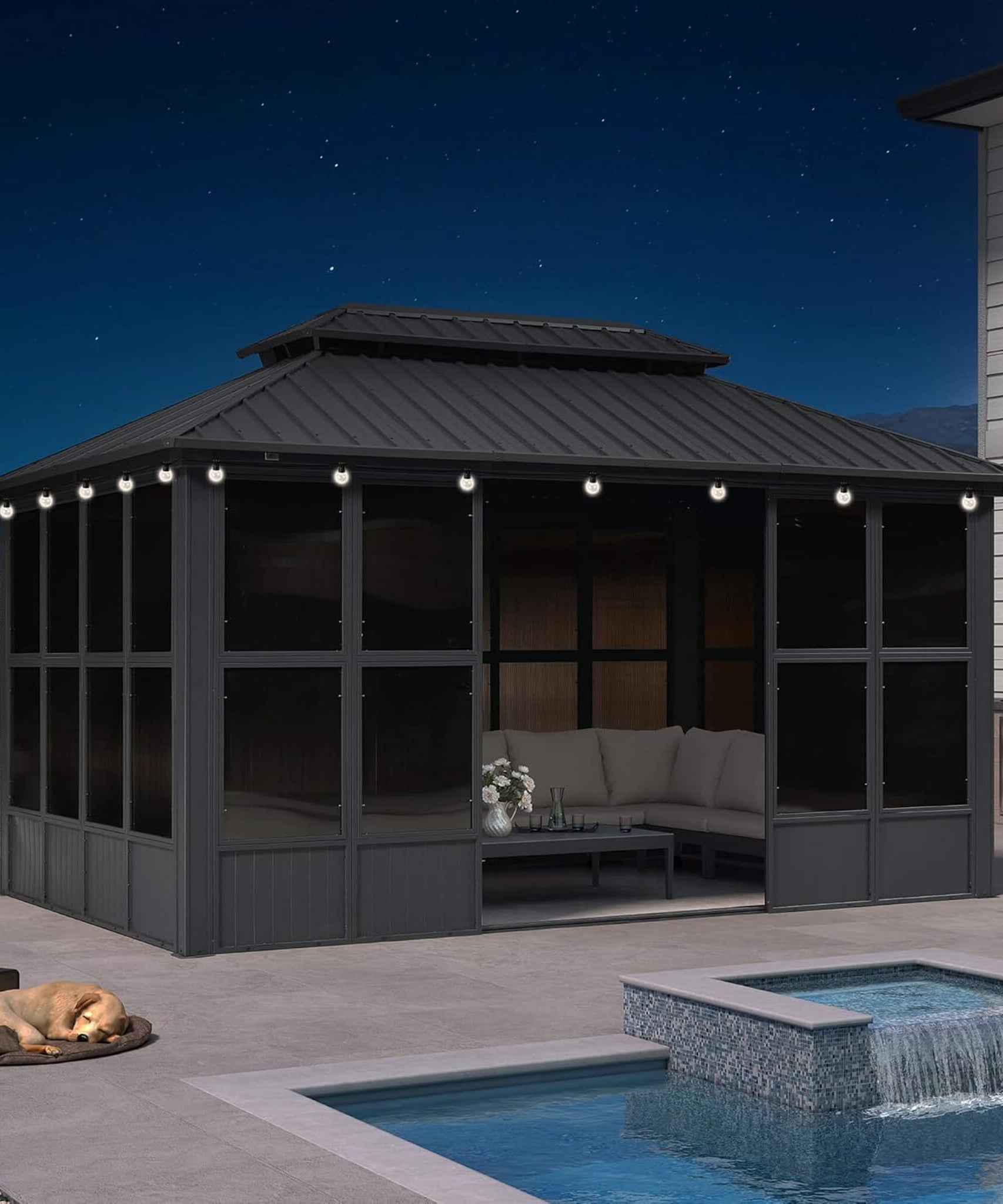 Alora Vista Outdoor Hardtop Aluminum Solarium With Double Roof And LED Lights (SAK42086)