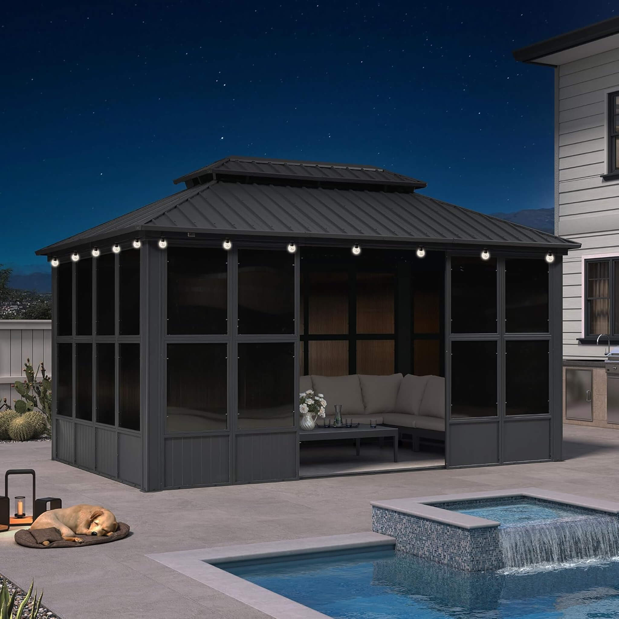 Alora Vista Outdoor Hardtop Aluminum Solarium With Double Roof And LED Lights (SAK42086)