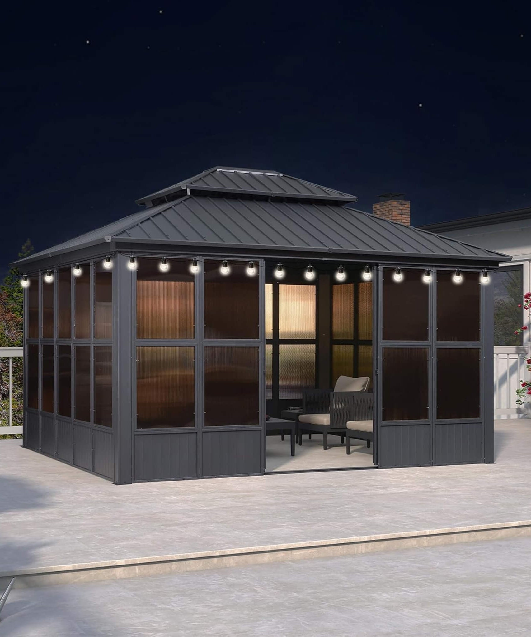 Alora Vista Outdoor Hardtop Aluminum Solarium With Double Roof And LED Lights (SAK42086)