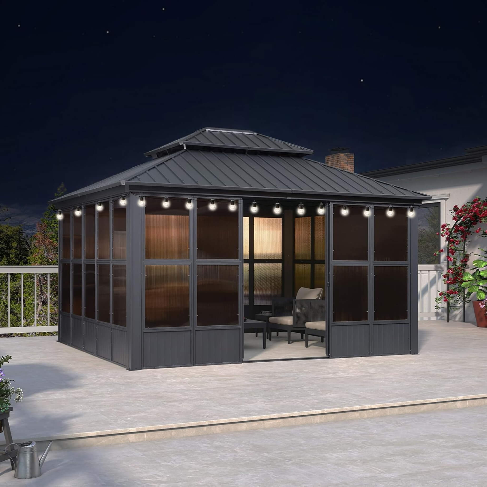 Alora Vista Outdoor Hardtop Aluminum Solarium With Double Roof And LED Lights (SAK42086)
