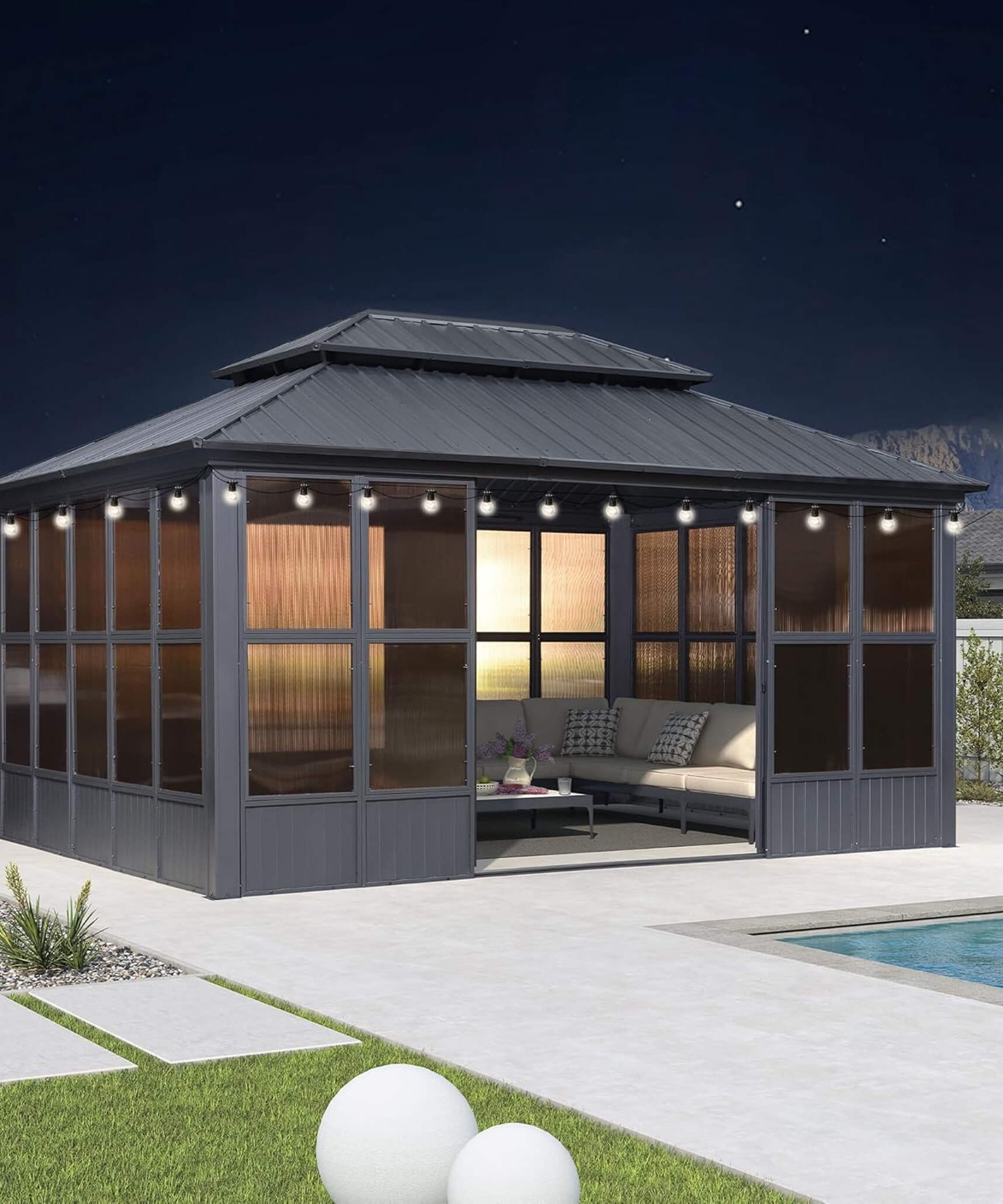 Alora Vista Outdoor Hardtop Aluminum Solarium With Double Roof And LED Lights (SAK42086)