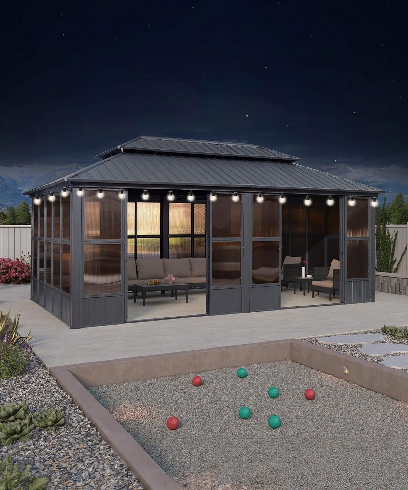 Alora Vista Outdoor Hardtop Aluminum Solarium With Double Roof And LED Lights (SAK42086)
